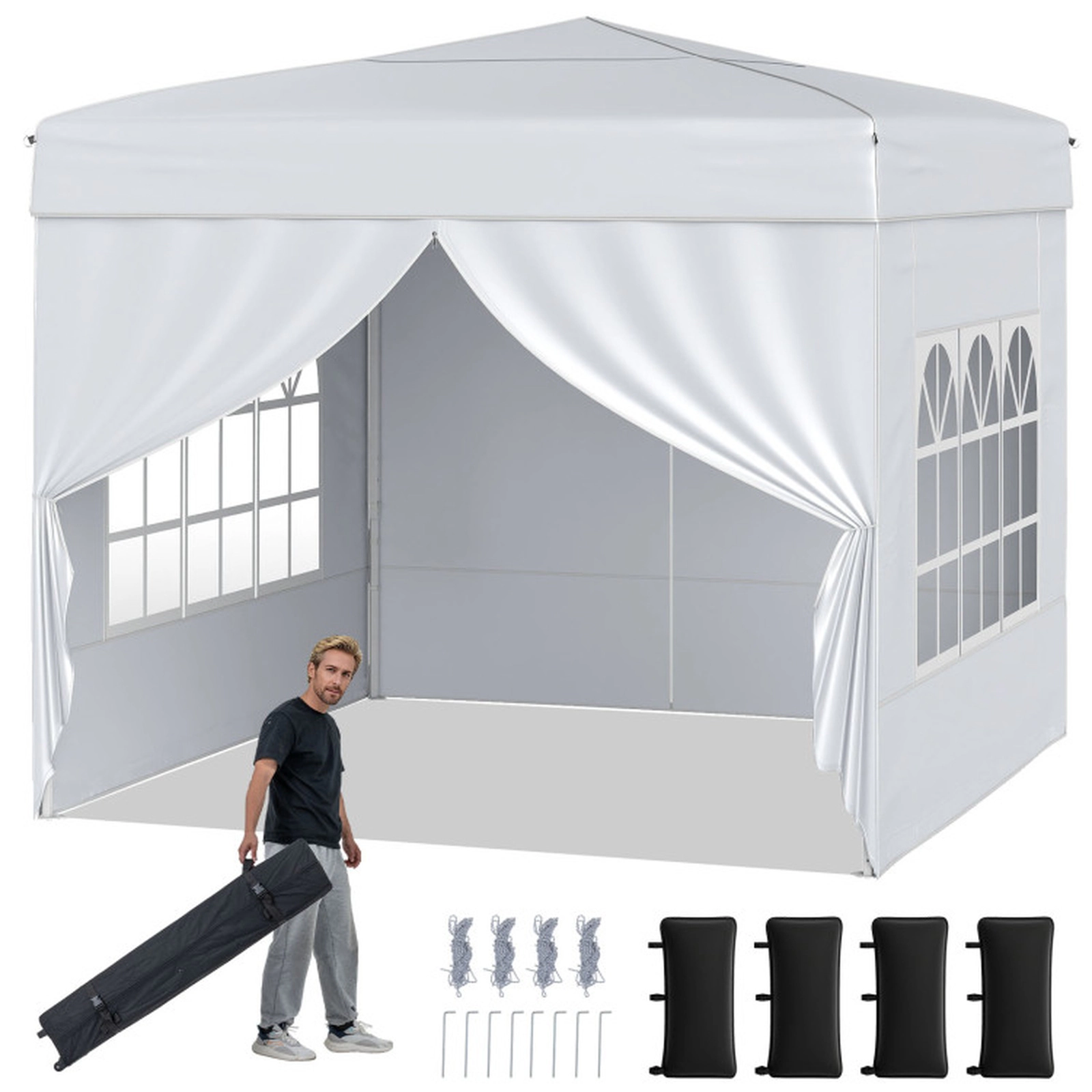 SUGIFT White Wheeled Pop Up Canopy Tent with 2 Window Sidewalls and Carbon Steel Frame 10-ft W 10-ft D 8.2-ft H