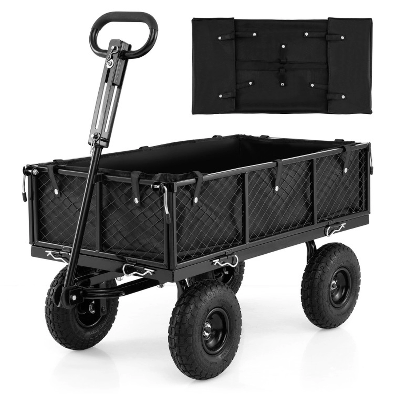 SUGIFT Black 880-lb Capacity Steel Garden Cart Utility Wagon with Mesh Sides Oxford Liner and Tires