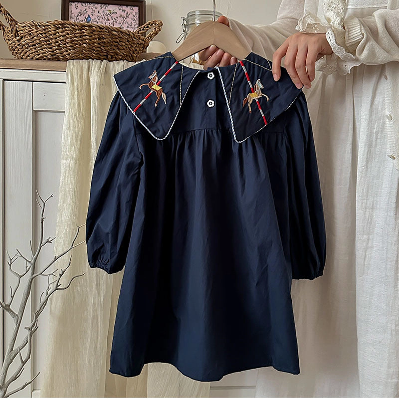MyKids-USA Preppy Style Autumn Girls Horse Embroidery Collar Long Sleeves Dress