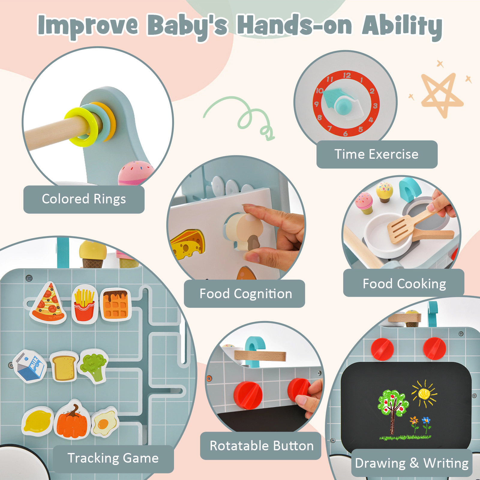6-in-1 Wooden Baby Push Walker with Play Kitchen Shape Sorter Clock and Storage Box Blue Activity Walker