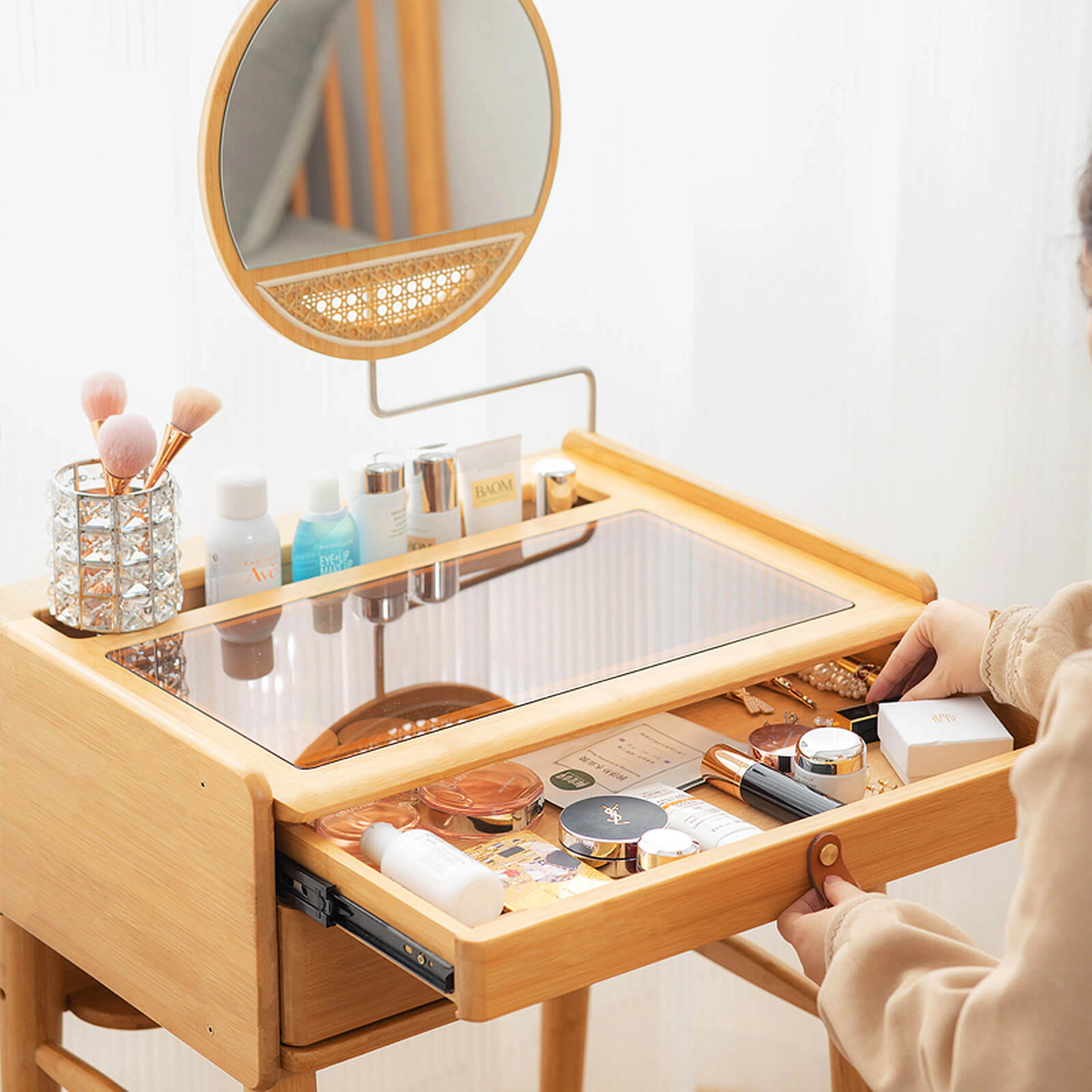 SUGIFT Bamboo Makeup Vanity Table with Stool and Rotating Mirror 155-lb Table Capacity 265-lb Stool Capacity Natural