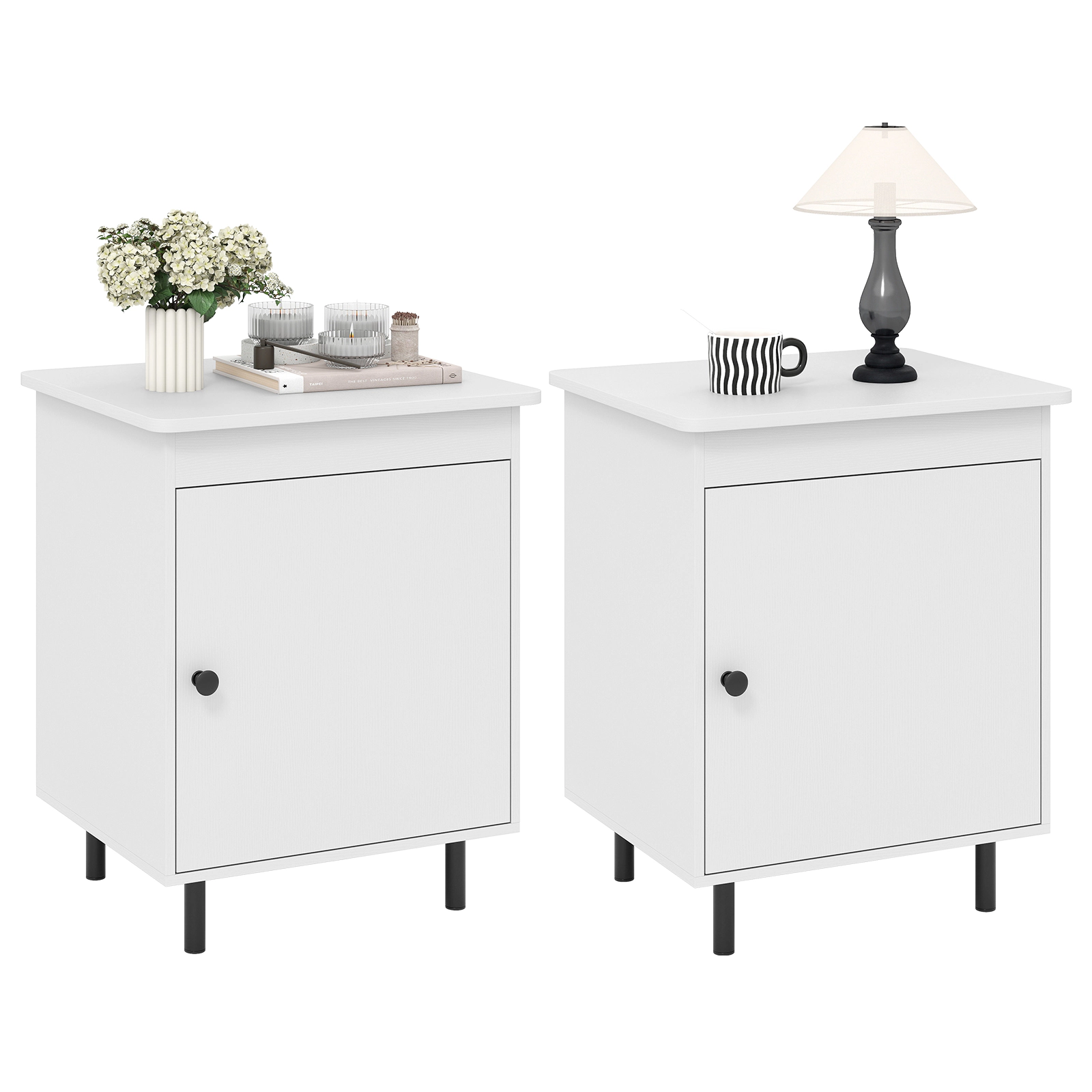 Glintex 2-Piece Mid-Century Nightstand Set with Enclosed Cabinets and Anti-Tipping Kits, White