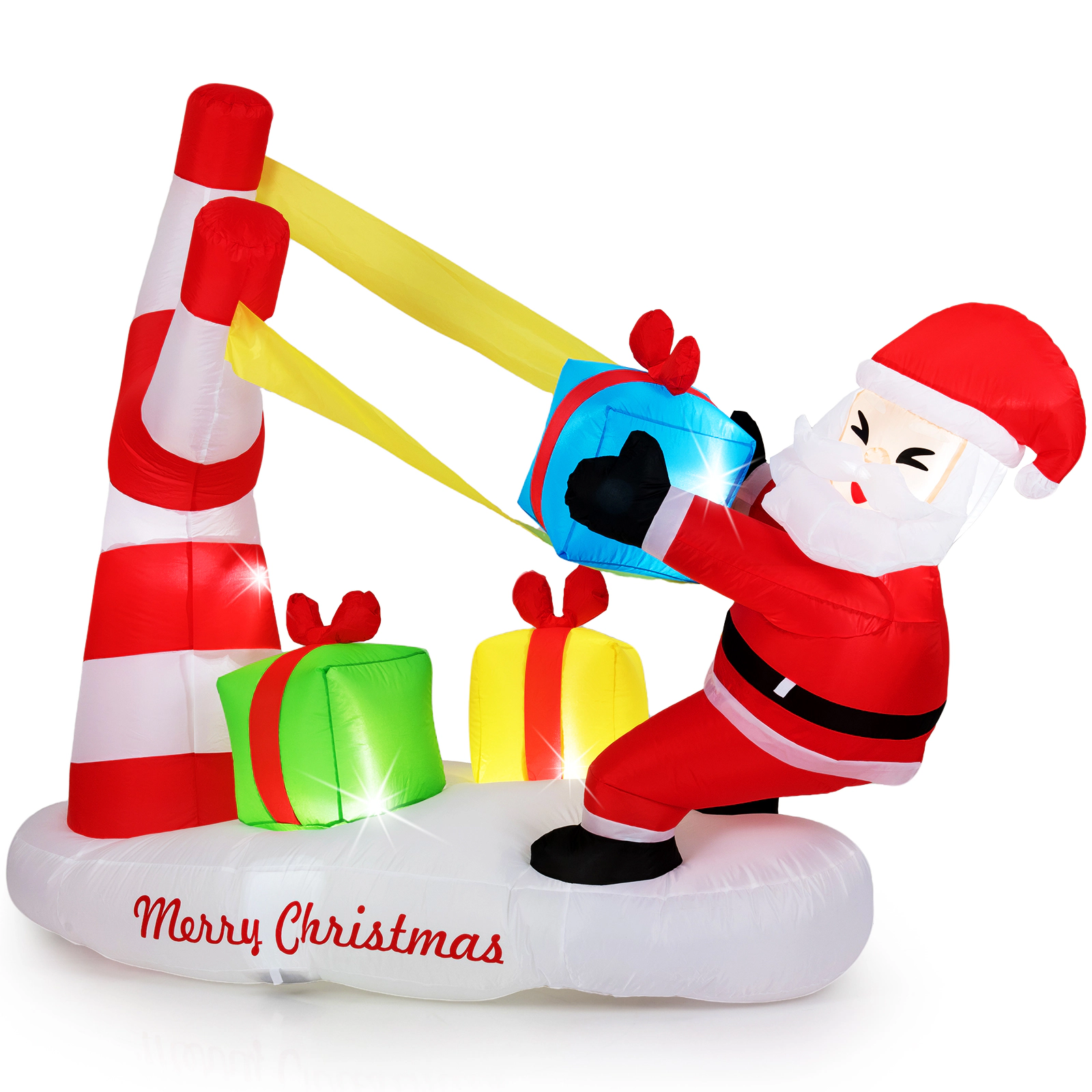 SUGIFT 7-ft Christmas Inflatable Santa with Slingshot Gift Boxes and 5 LED Lights for Blow Up Yard Decor