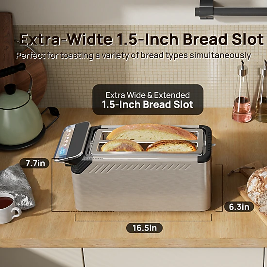 WHALL Long Slot 4-Slice Touchscreen Toaster, 1.5" Wide Slots, 5 Bread Types, 11 Browning Shades, Stainless Steel Gray