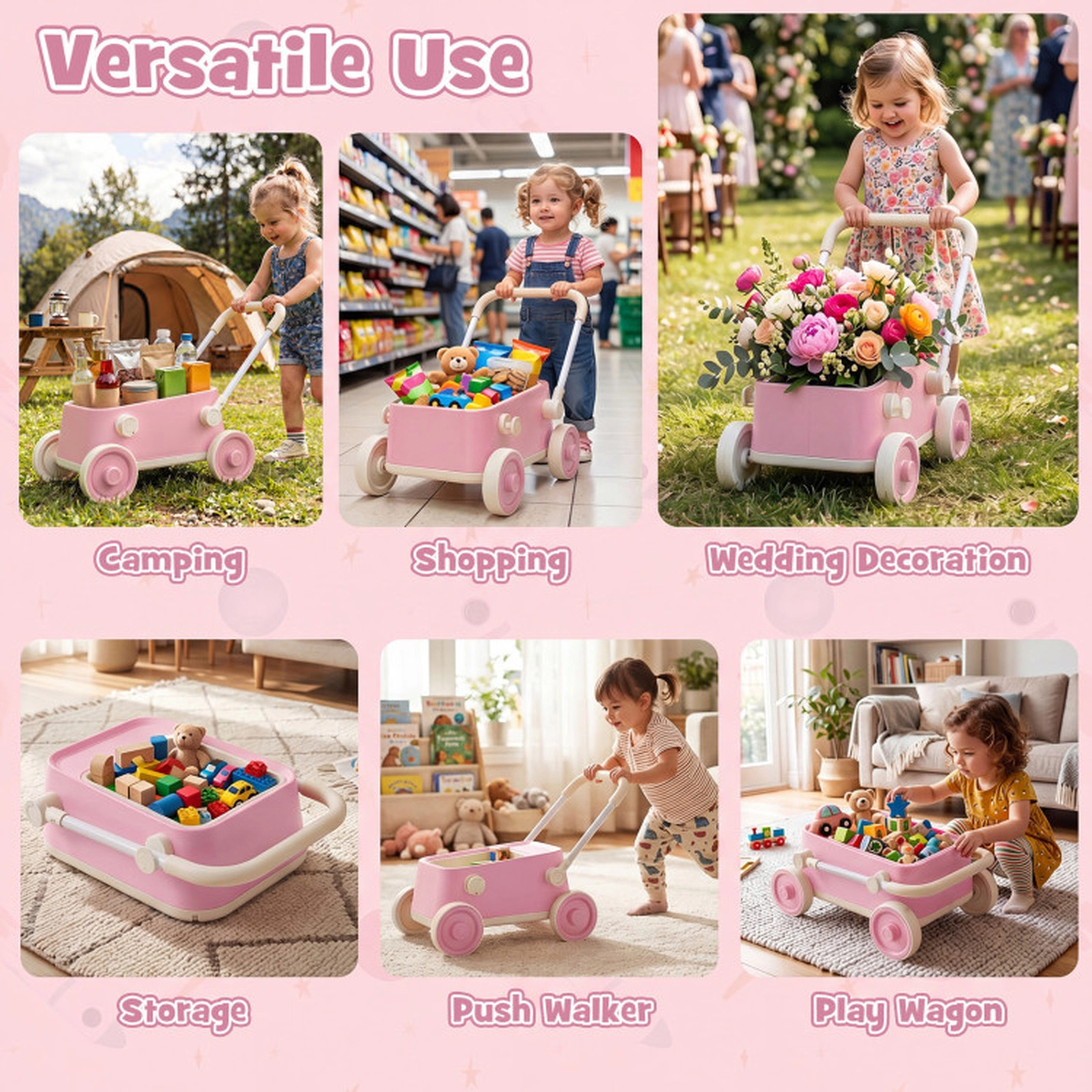 SUGIFT Baby Push Walker Wagon with Foldable Handlebar and Storage Basket 24.5-in Frame Ages 3-6 Years Pink