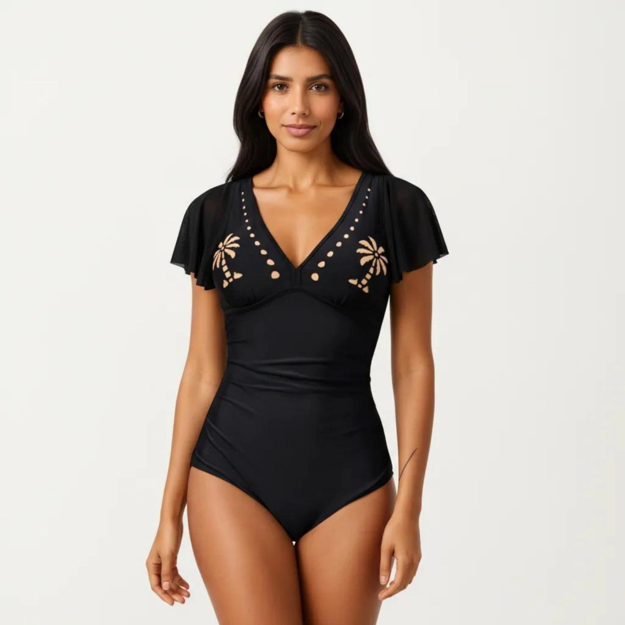 Anna-Kaci Women One Piece Swimsuit - Flutter Sleeves V-Neck with Bust Detail and Shaping Silhouette
