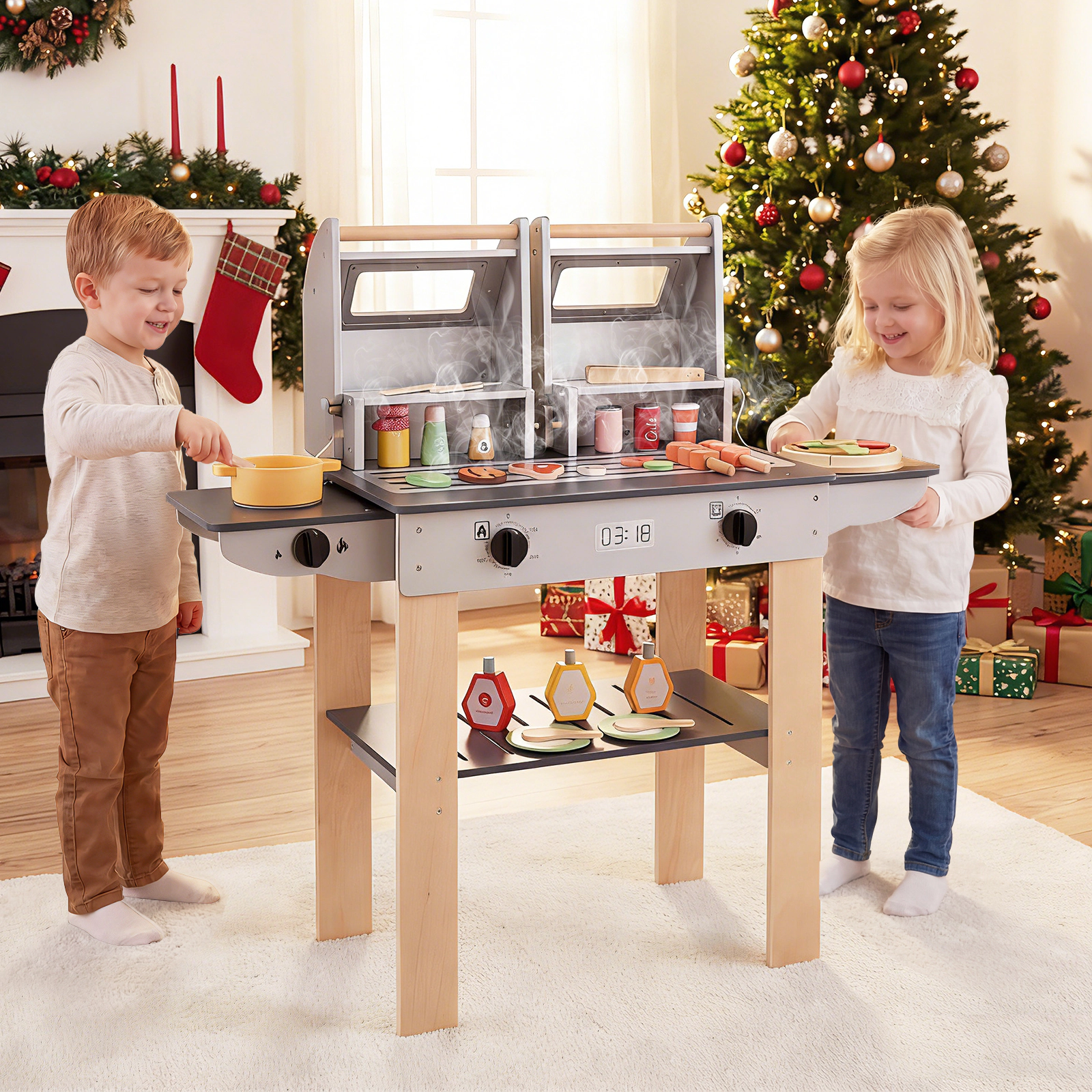Wooden Kids BBQ Grill Playset Safety Lid Latch See-Through Windows 19-pc Accessory Set 37-in Toy Grill Ages 3+ Grey
