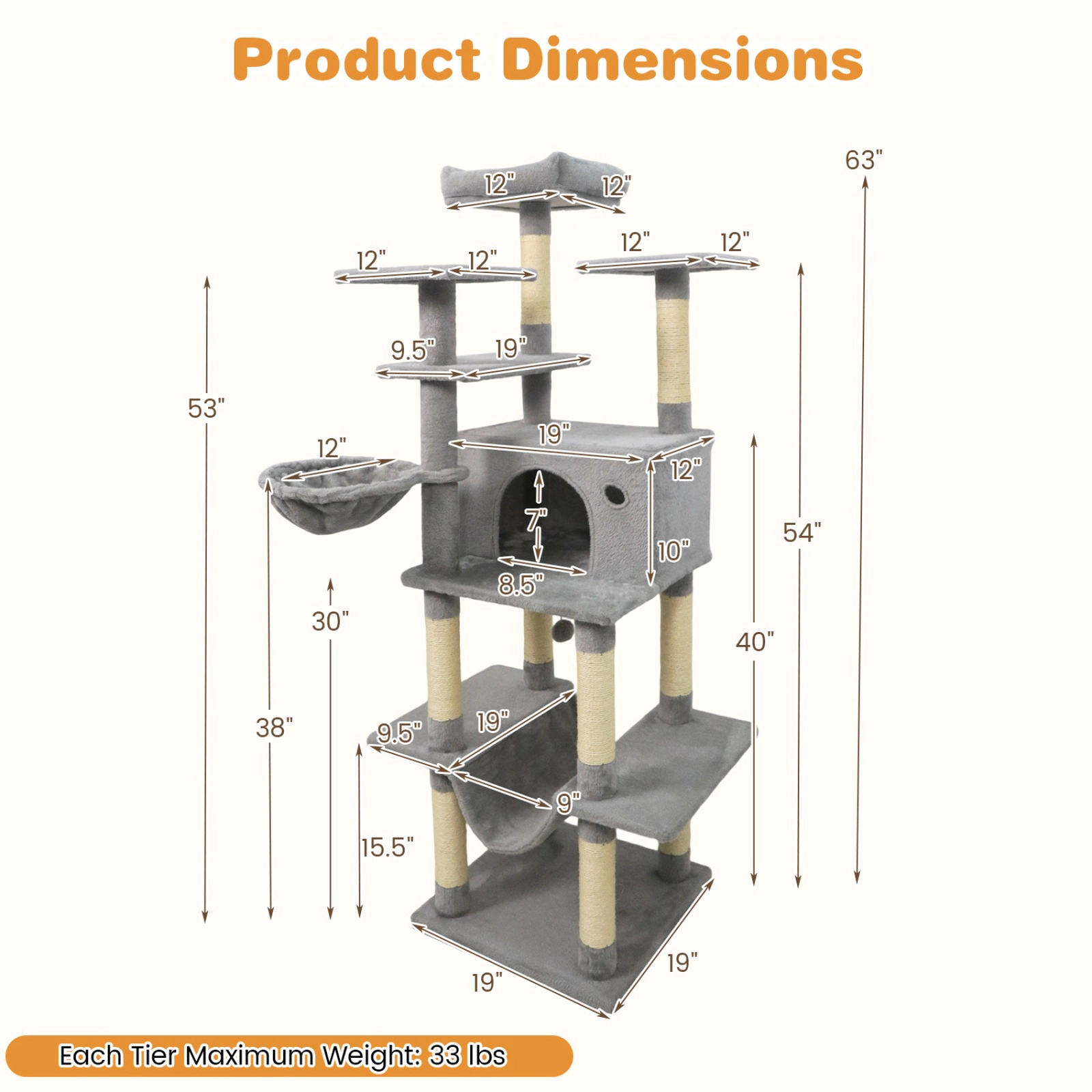 SUGIFT 63-in Light Gray Large Cat Tree for Indoor Cats with Hammock Rotating Basket Bed and Anti-Tip Kit