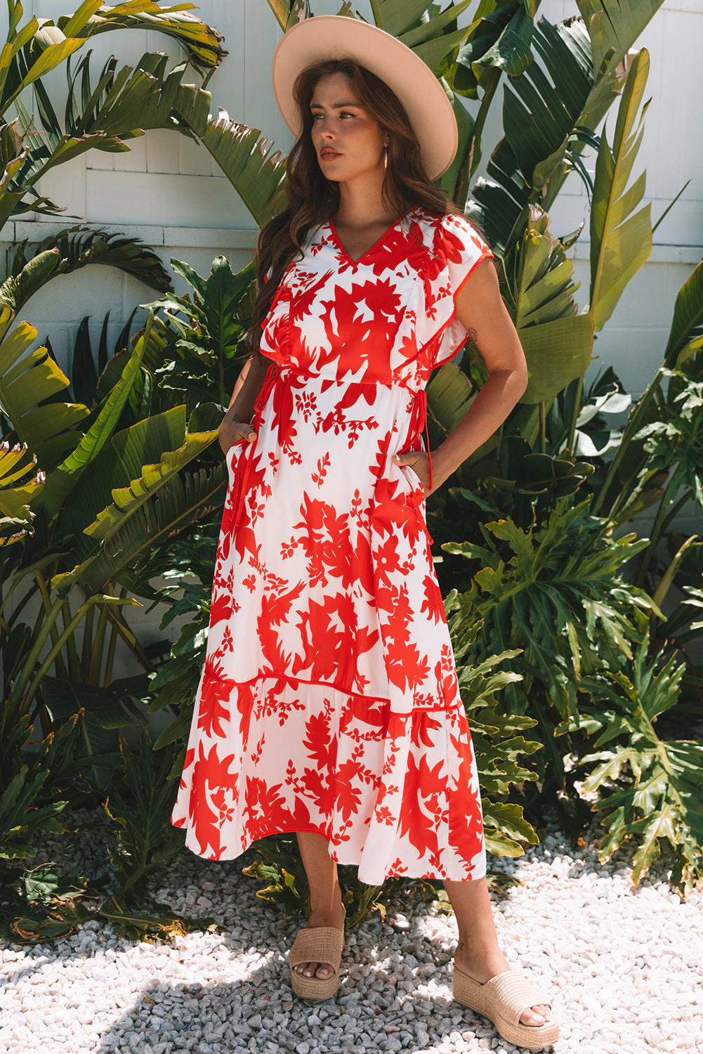 Threaded Pear Women's Scarlett Floral Trimmed V Neck Ruffle Sleeve Long Dress