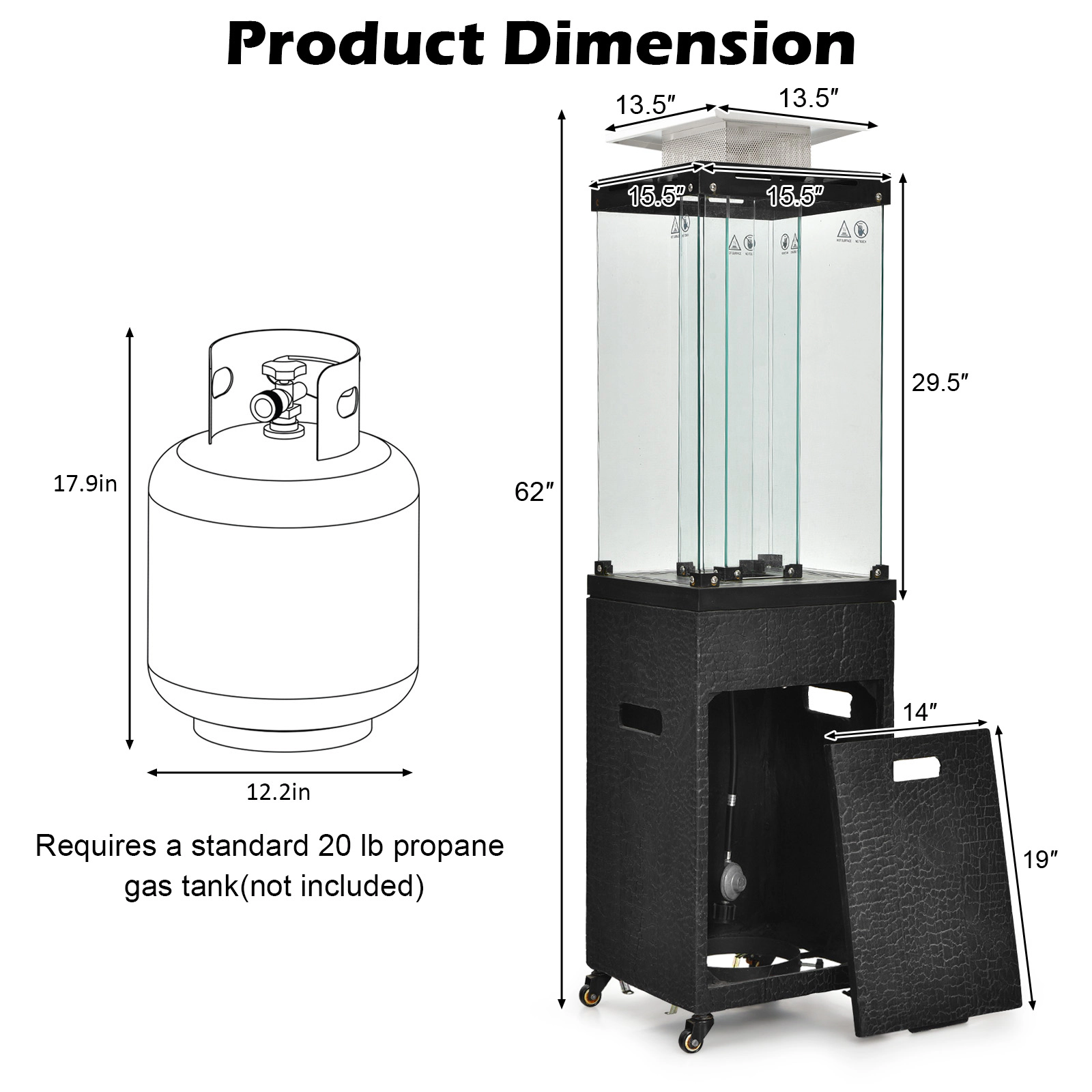 SUGIFT 41000-BTU Black 13-ft Coverage Propane Patio Heater with Tempered Glass Tube Metal Hood and Wheels