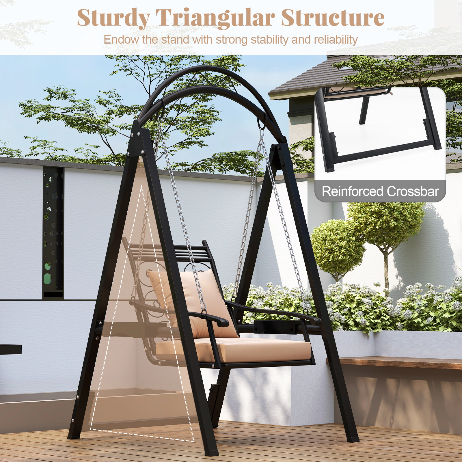 LJG Outdoor Porch Swing with Removable Cushions and Side Tables for Garden Balcony