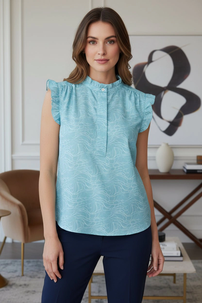 DressAtR Women's Ruffle Neck and Sleeveless Front Buttons Blue Blouse
