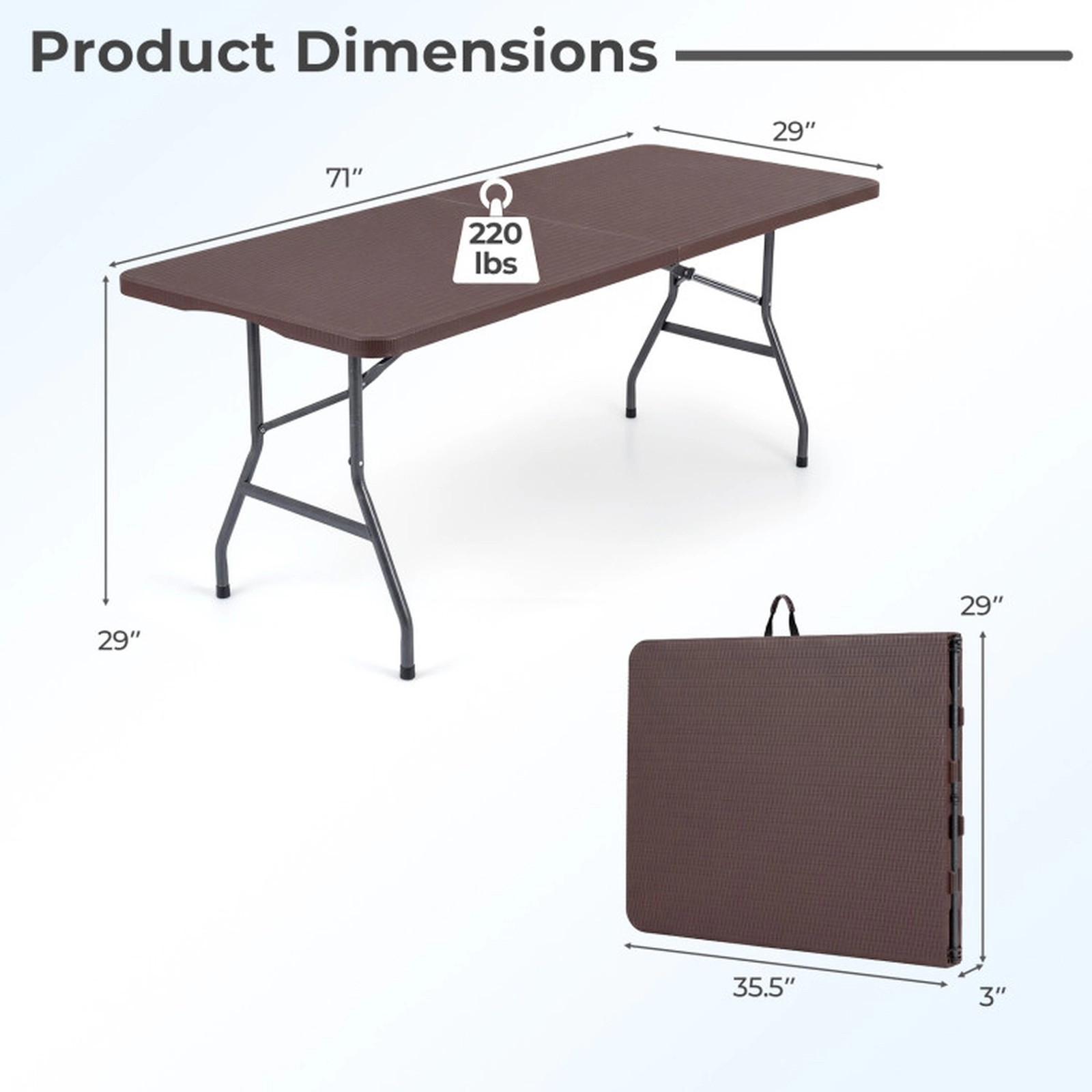 SUGIFT 71-in Fold-in-Half HDPE Camping Table 220-lb Capacity with Metal Legs Coffee Color 24-lb Net Weight