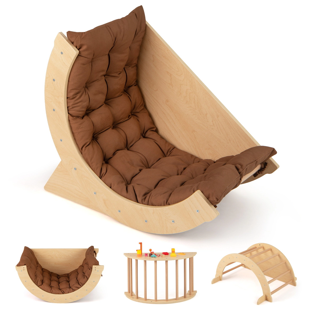 SUGIFT Montessori Kids Climbing Arch Rocker with Cushion 110-lb Capacity Ages 1+ 31.5-in Frame Coffee Beige Natural