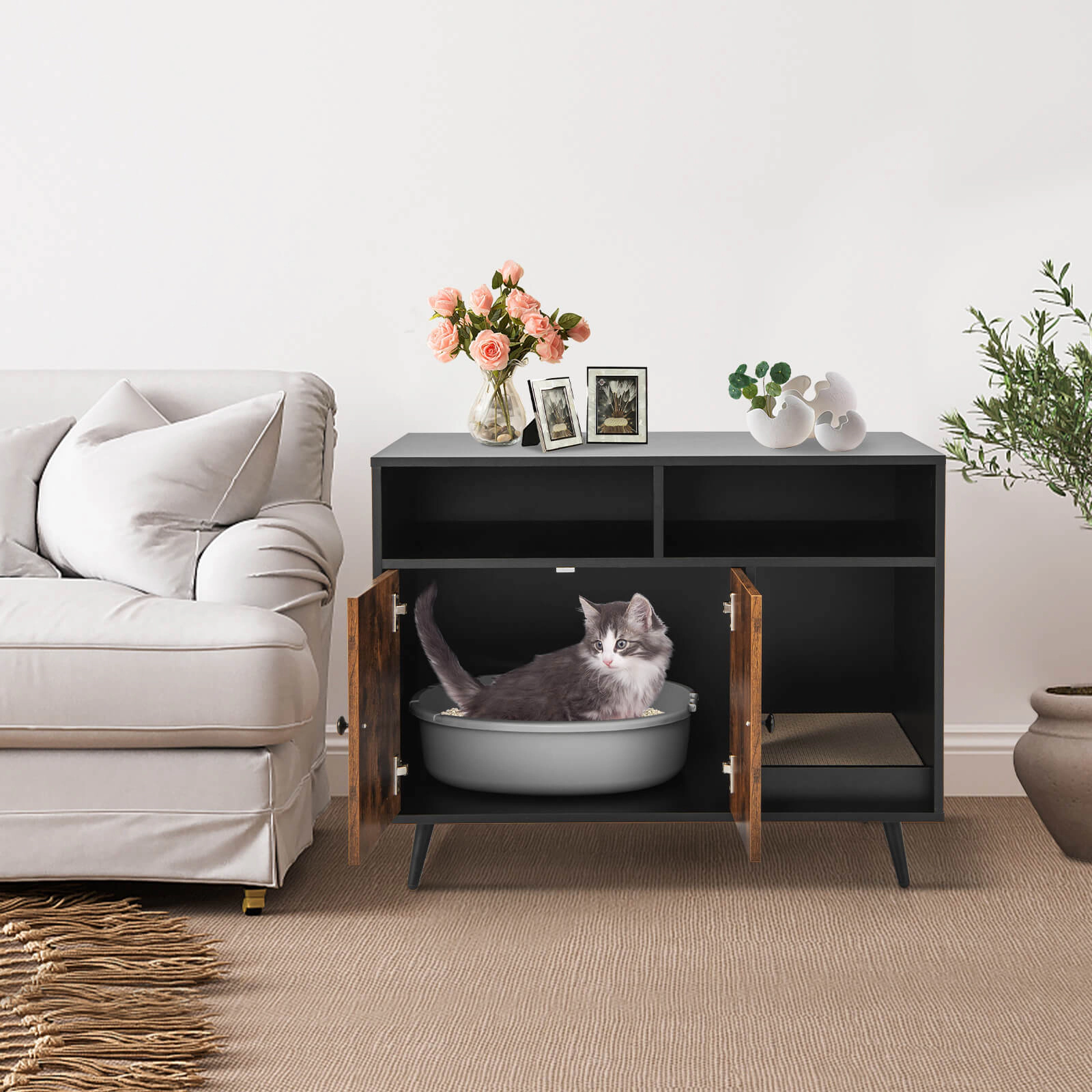 SUGIFT Black Cat Litter Box Enclosure with 2 Open Compartments 35-in W 19.5-in D 27.5-in H 66-lb Cabinet Capacity