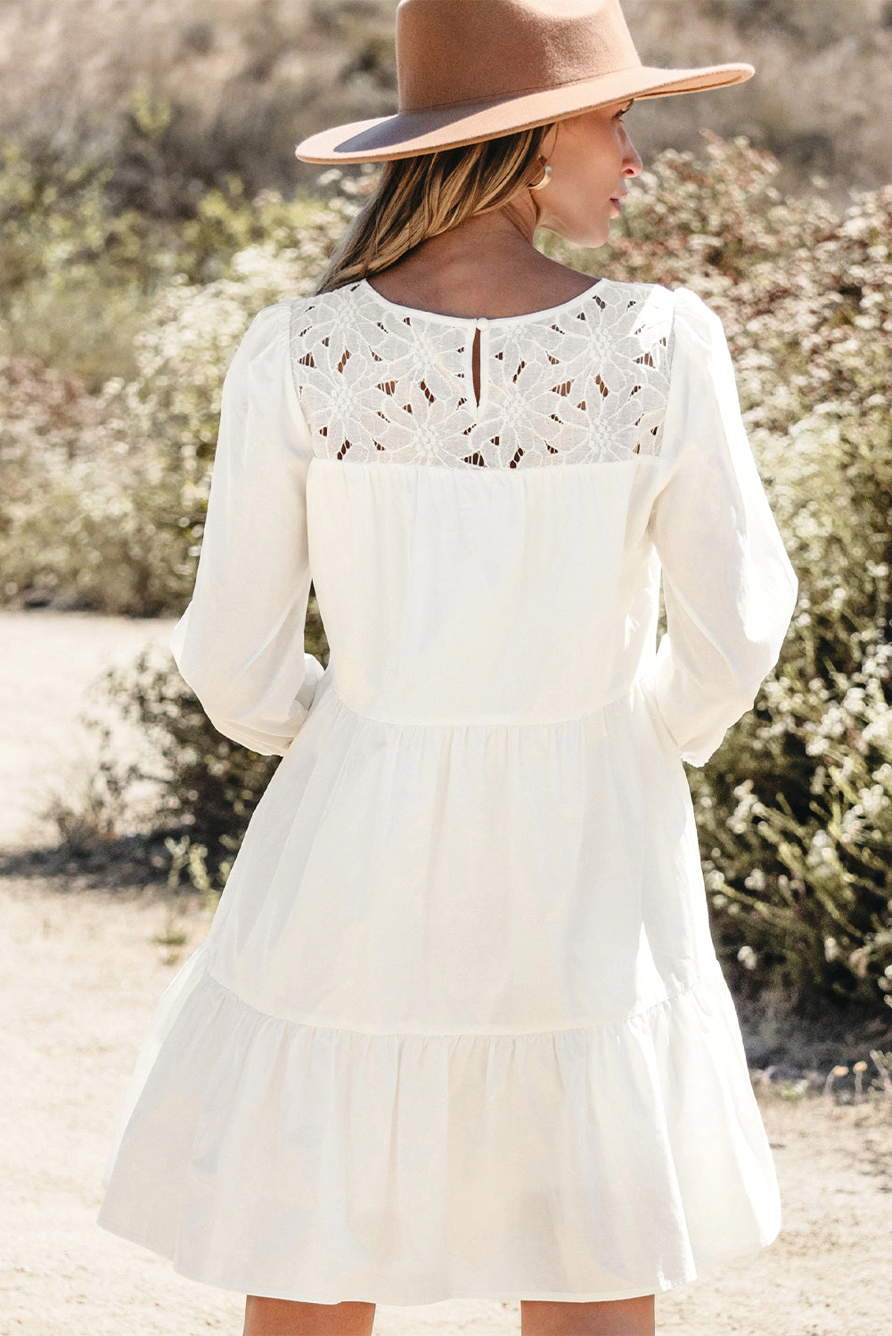 Threaded Pear Women's Whitley Floral Lace Patchwork Tiered Mini Dress