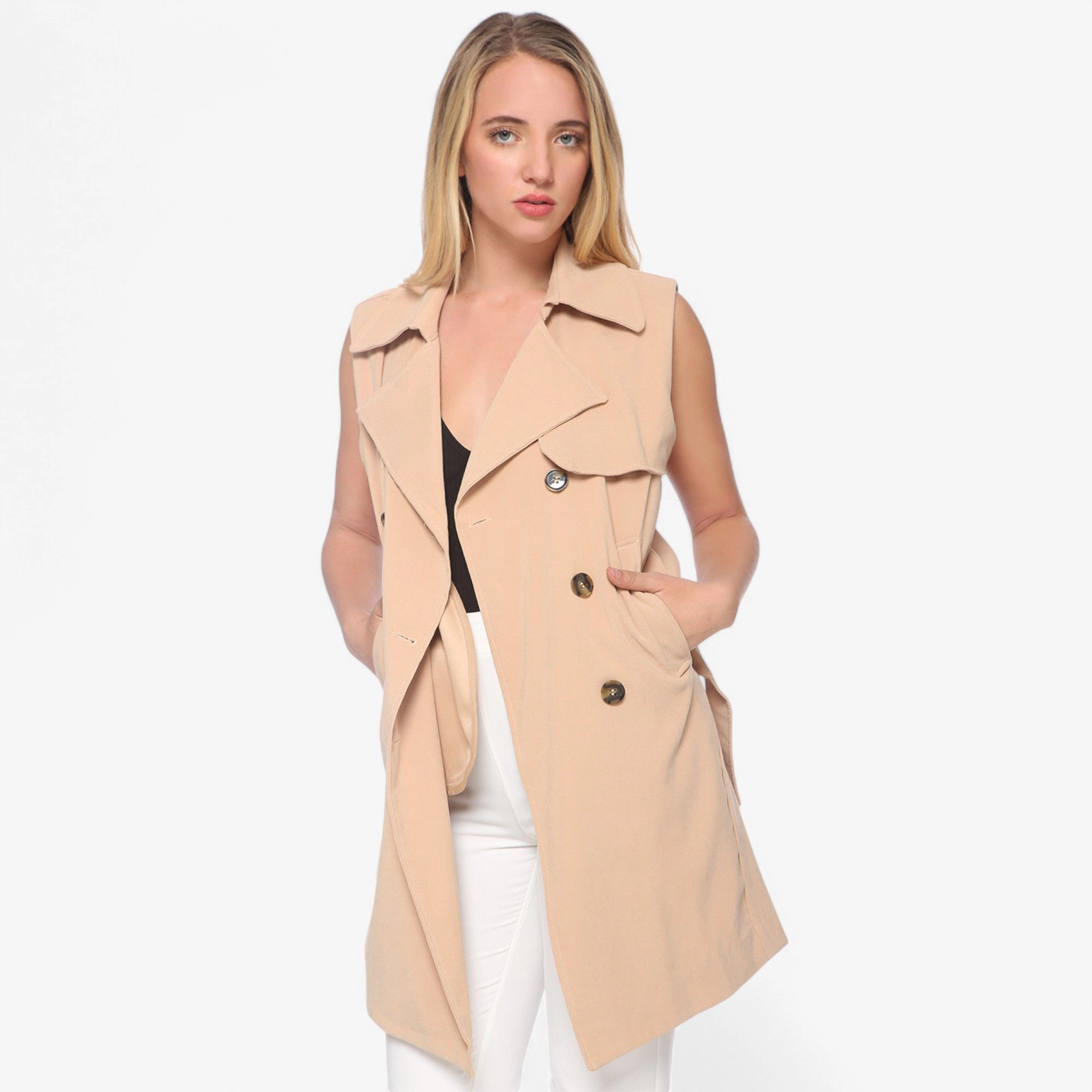 Anna-Kaci Women's Sleeveless Trench Coat with Button Front and Pocket Detail