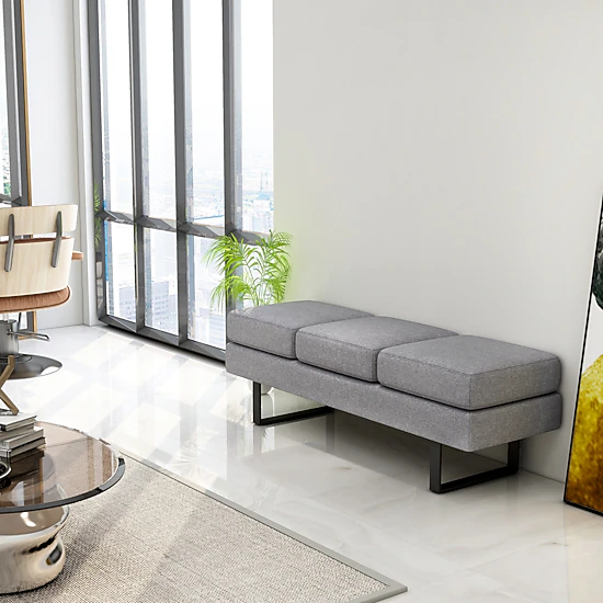 SUGIFT Waiting Room Bench Seating Long Bench with Metal Frame 660-Lb Capacity 3-Seat Faux Linen Cushion Gray/Black