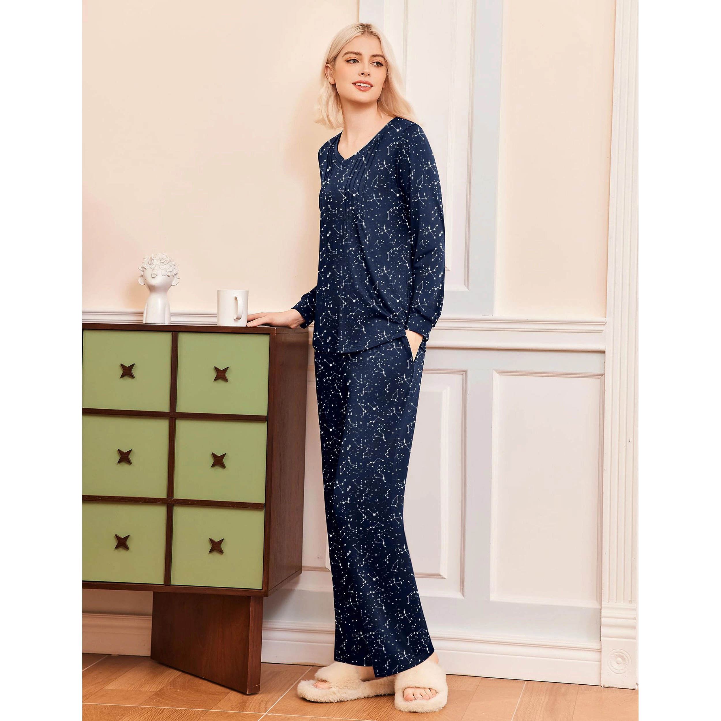 Ekouaer Womens Pajama Set Long Sleeve Sleepwear Nightwear V Neck Pajamas Lounge Sets with Pockets
