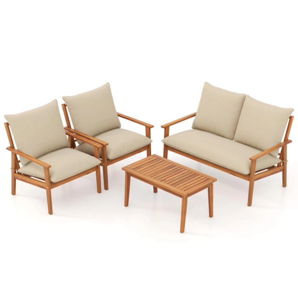 Hivvago 4 Pieces Outdoor Acacia Wood Conversation Set With Soft Cushions And Coffee Table-White