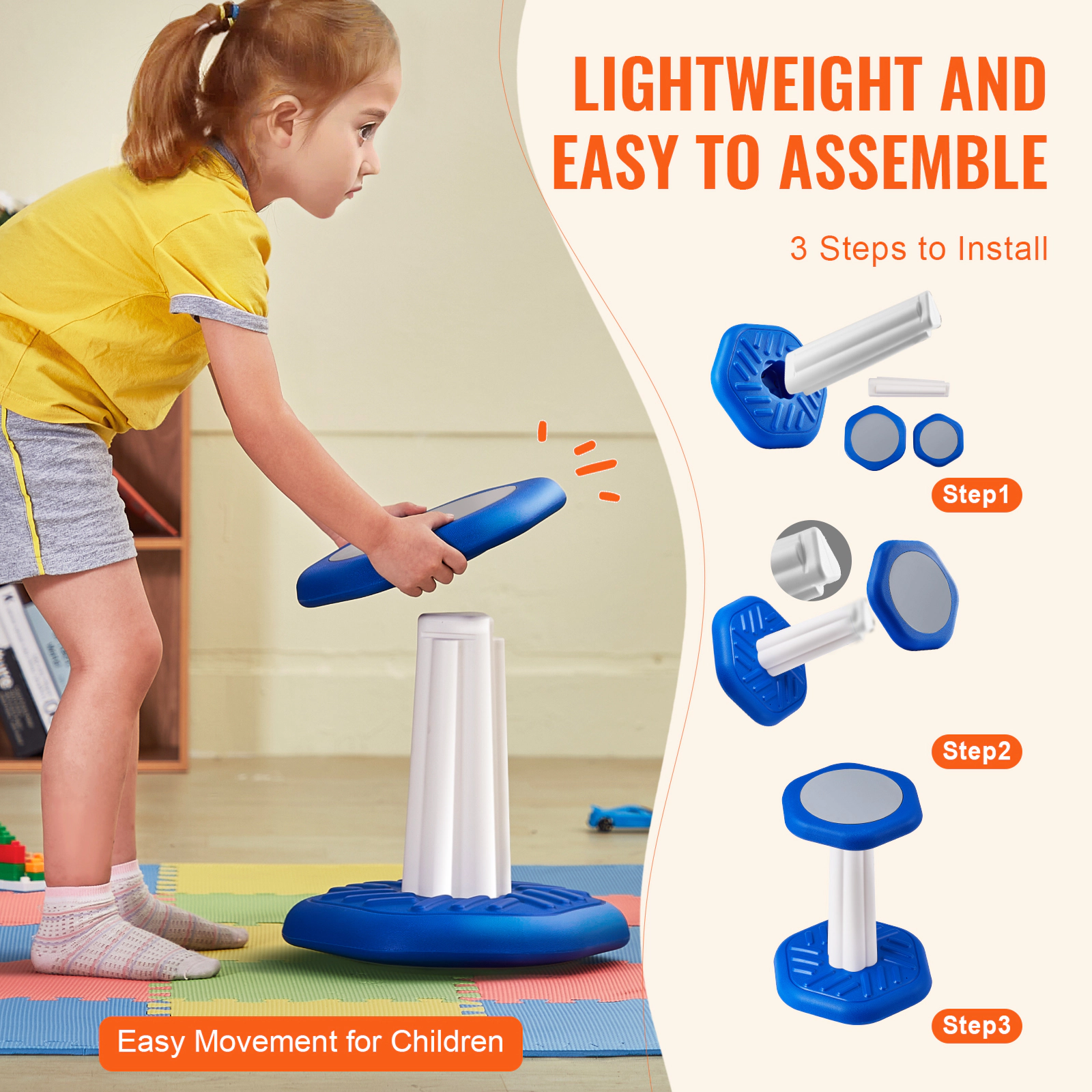 HONGGE Kids Wobble Chair for Ages 3-7, 360-Degree Swivel Stool with Cushioned Seat, Blue HDPE, Holds up to 154 lbs