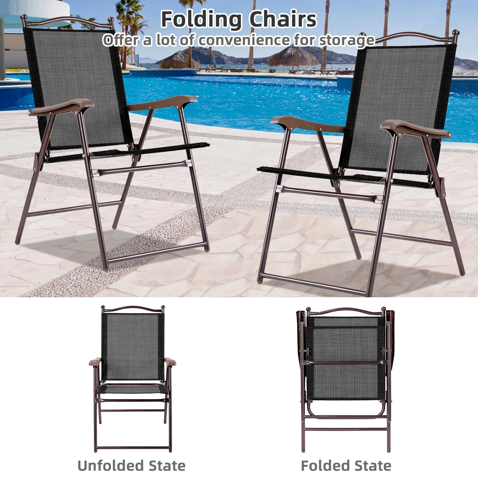 SUGIFT Set of 2 Black Folding Sling Back Patio Chairs