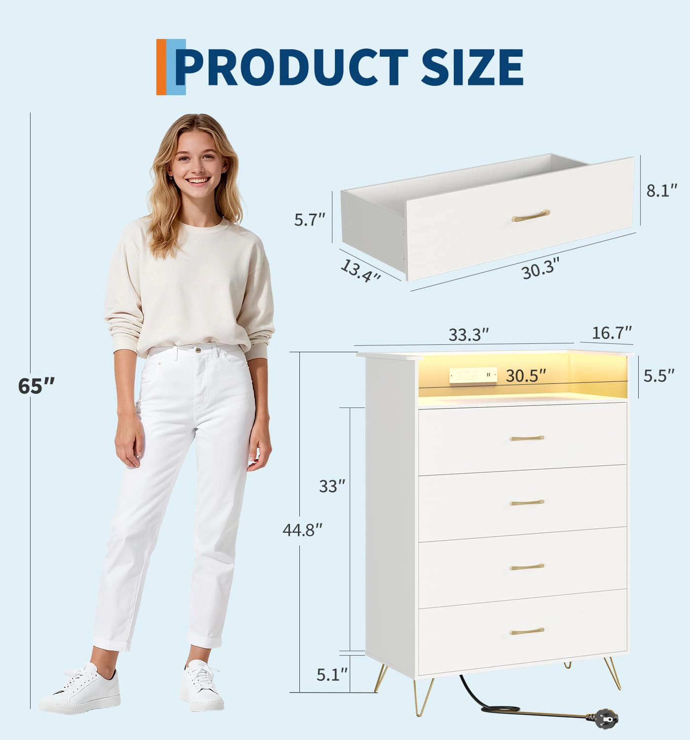 4 Drawer Dresser with Power Outlets & RGB LED Lights, Tall Modern Wood Storage Chest App Control