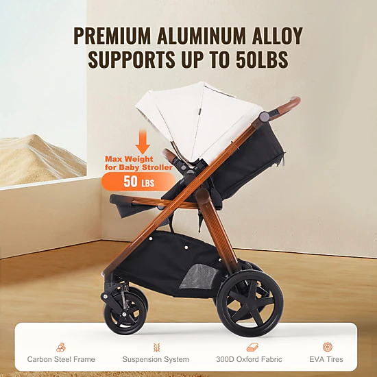 HONGGE 2-in-1 Baby Travel System Stroller with Infant Bassinet, Reversible Seat & One-Button Fold, White