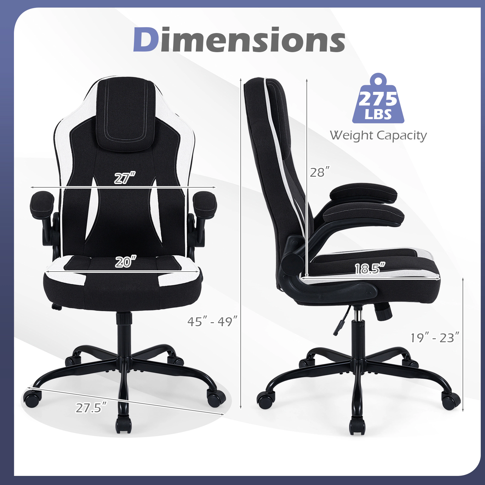 SUGIFT Ergonomic Linen Computer Office Chair with 90° Flip-up Armrests 275-Lb Capacity High Back White & Black