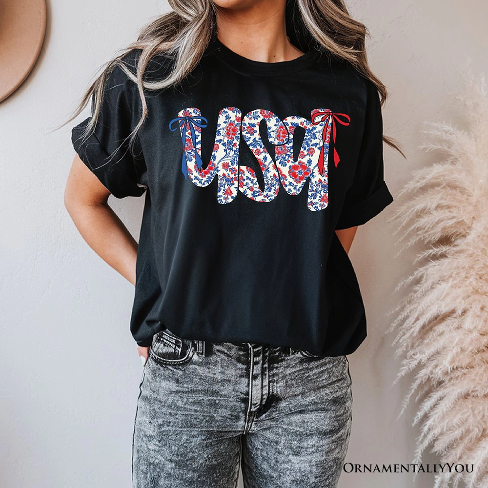 OrnamentallyYou Womens Floral USA Patriotic 4th Of July T-Shirt