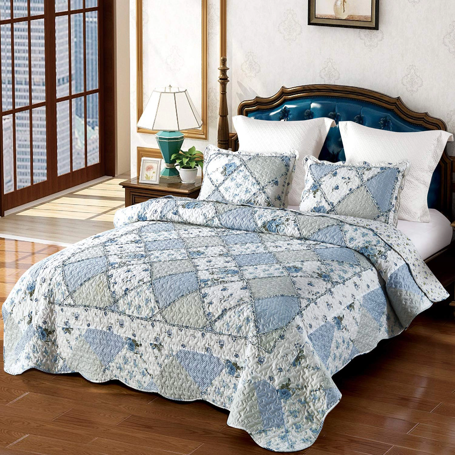 PUPWE Oversized King Quilt Set 128x120 Grey Flpatchwork Bedspreads