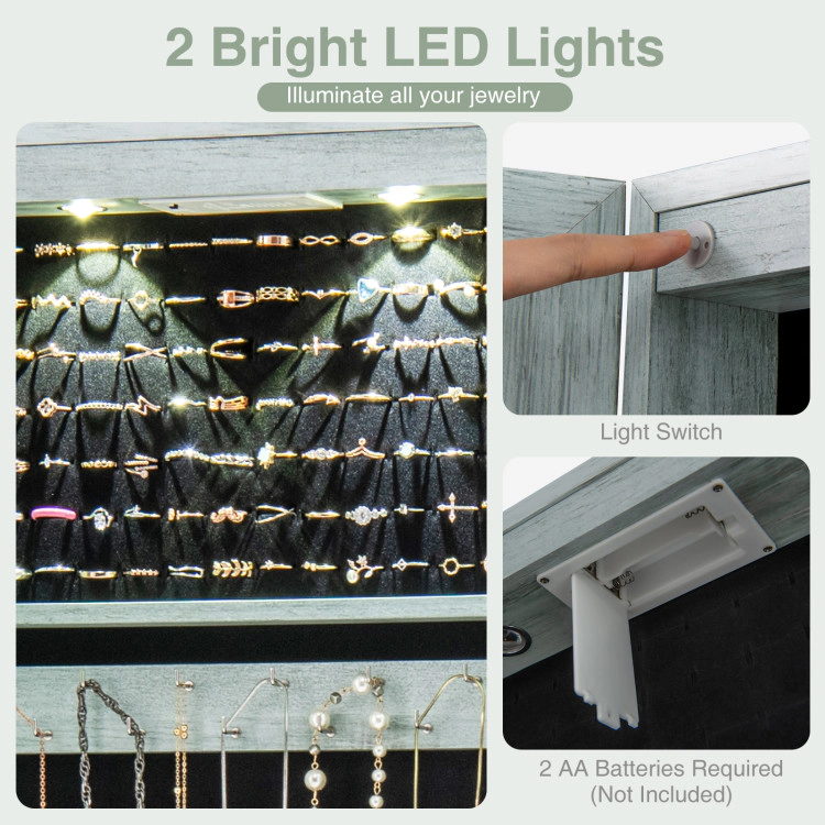 Hivvago Wall and Door Mounted Mirrored Jewelry Cabinet with Lights