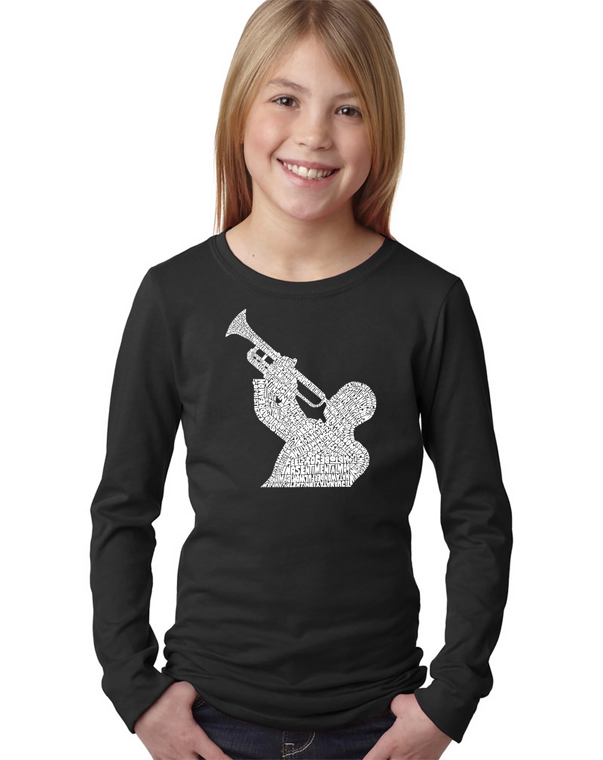 LA Pop Art Girls Long Sleeve Word T-Shirt - ALL TIME JAZZ SONGS