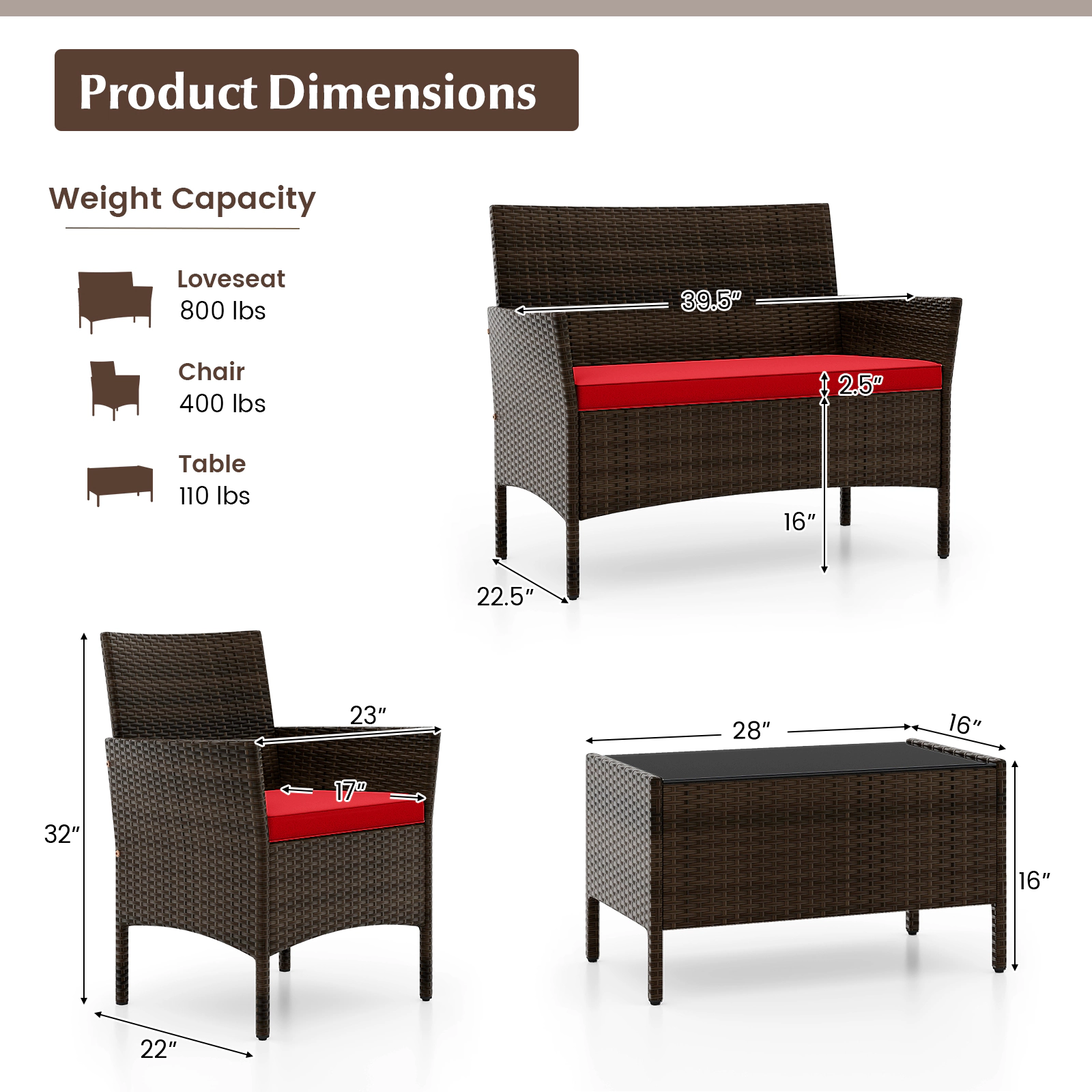 SUGIFT 4-Piece Brown Rattan Patio Conversation Set with Loveseat, 2 Chairs and Glass Table