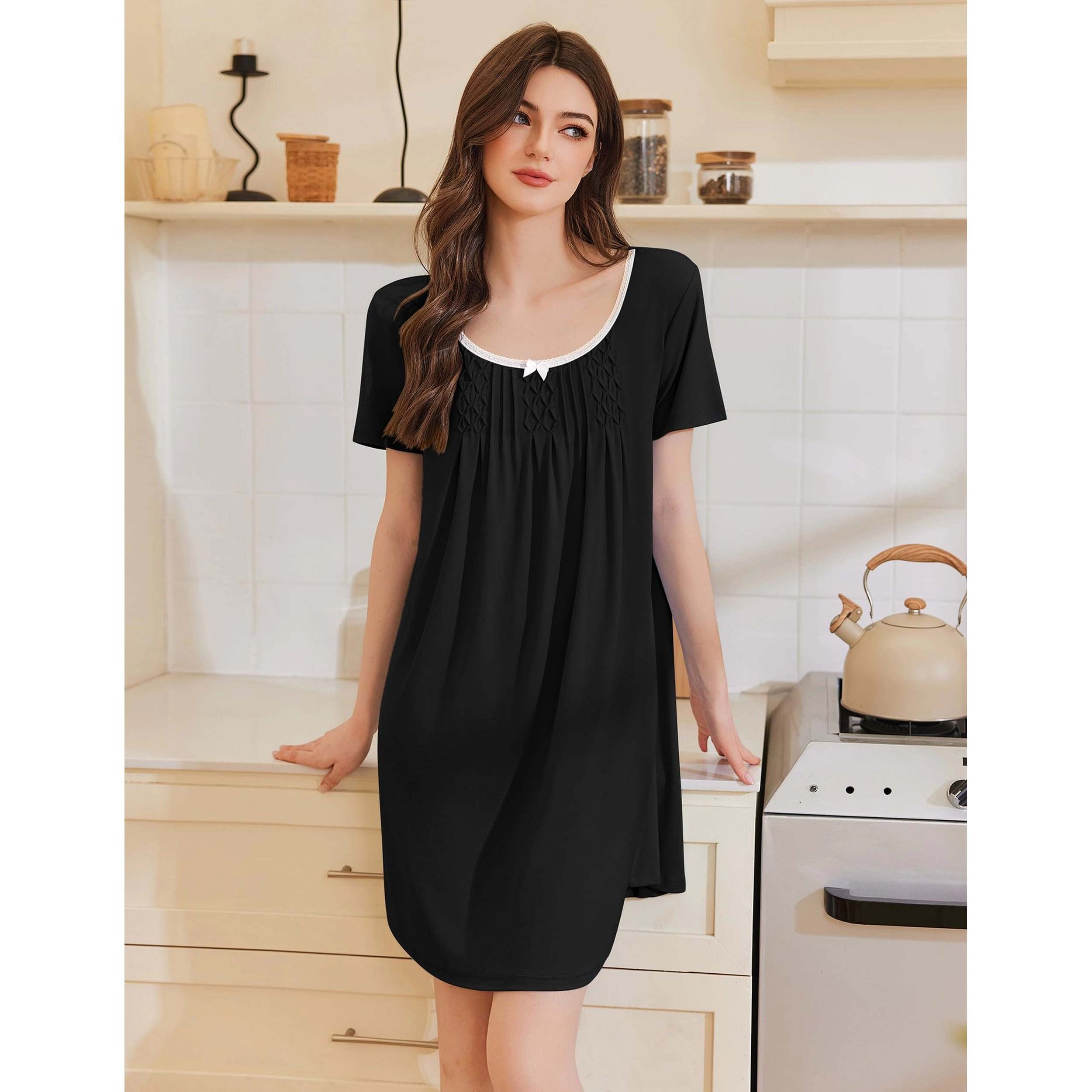 Ekouaer Nightgowns for Women Pleated Sleep Shirts Short Sleeve Night Lace Trim Gown