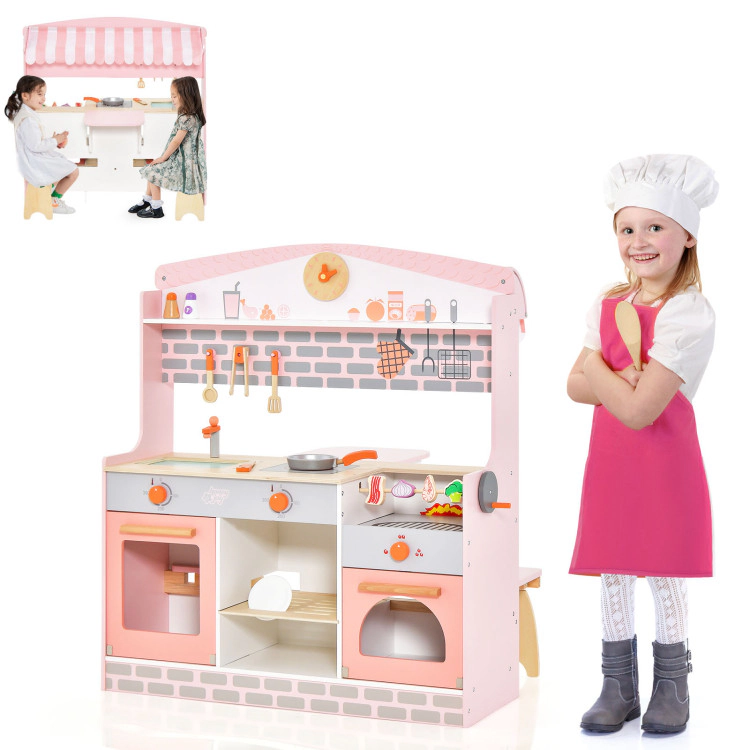 Hivvago Double-Sided Kids Play Kitchen Set with Canopy and 2 Seats
