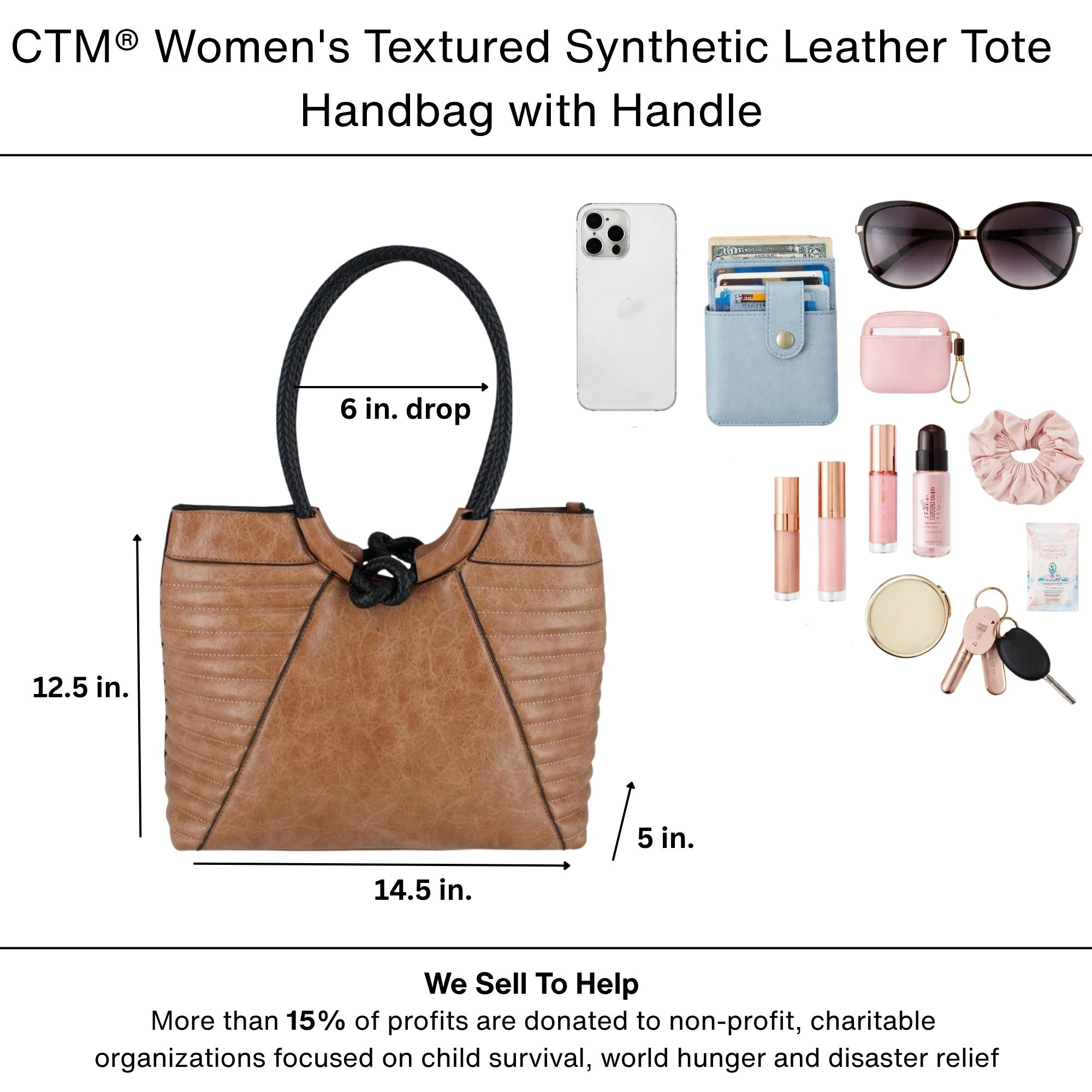 CTM Women's Textured Synthetic Leather Tote Handbag with Handle