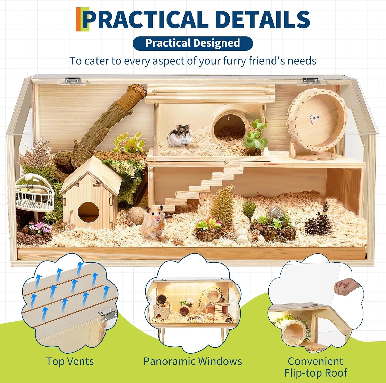 Large Poplar Plywood Hamster Cage, Spacious Vertical Small Animal Habitat 101.6x50.8x120.65cm