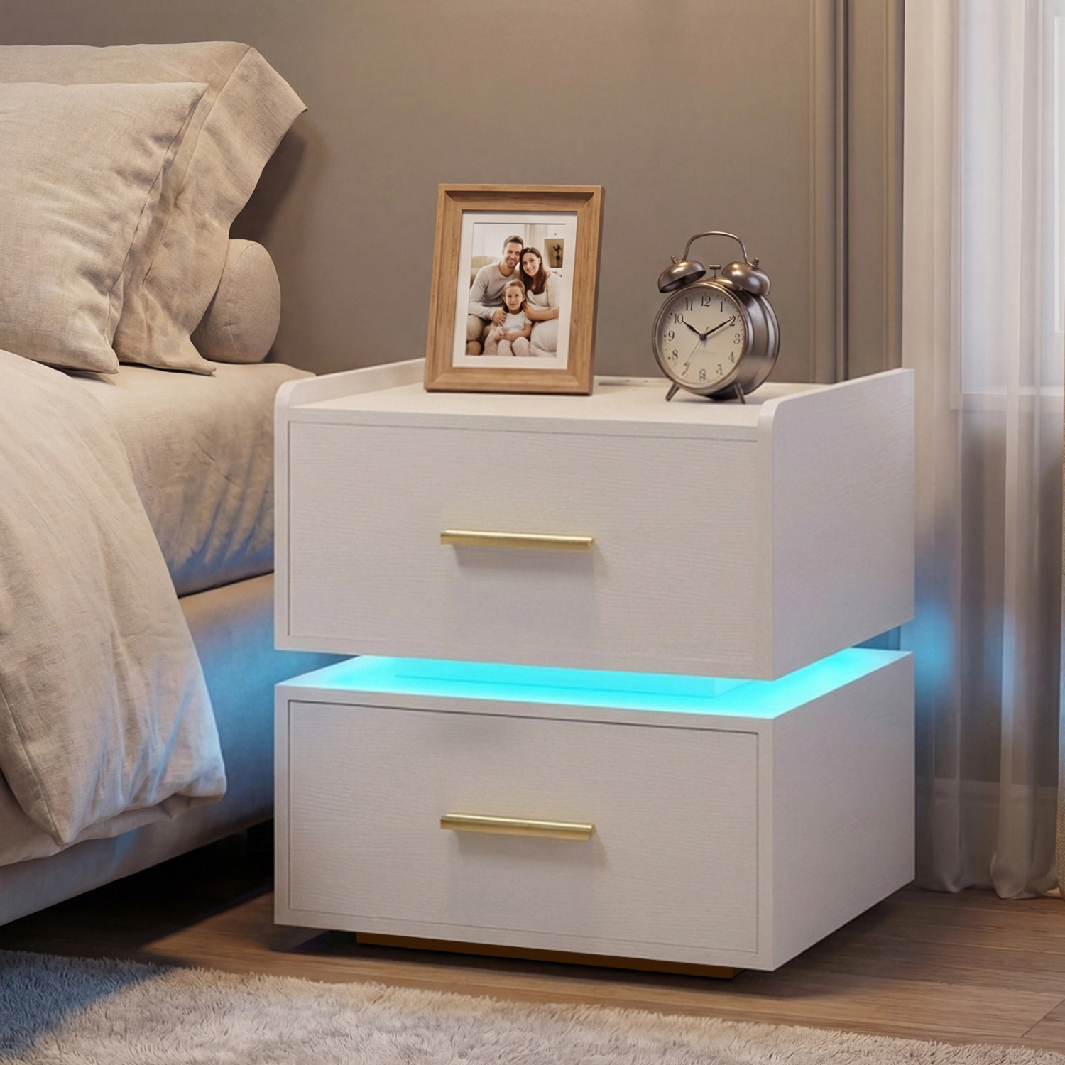 Hivvago LED Bedside Table with Charging Station and 2 Storage Drawers