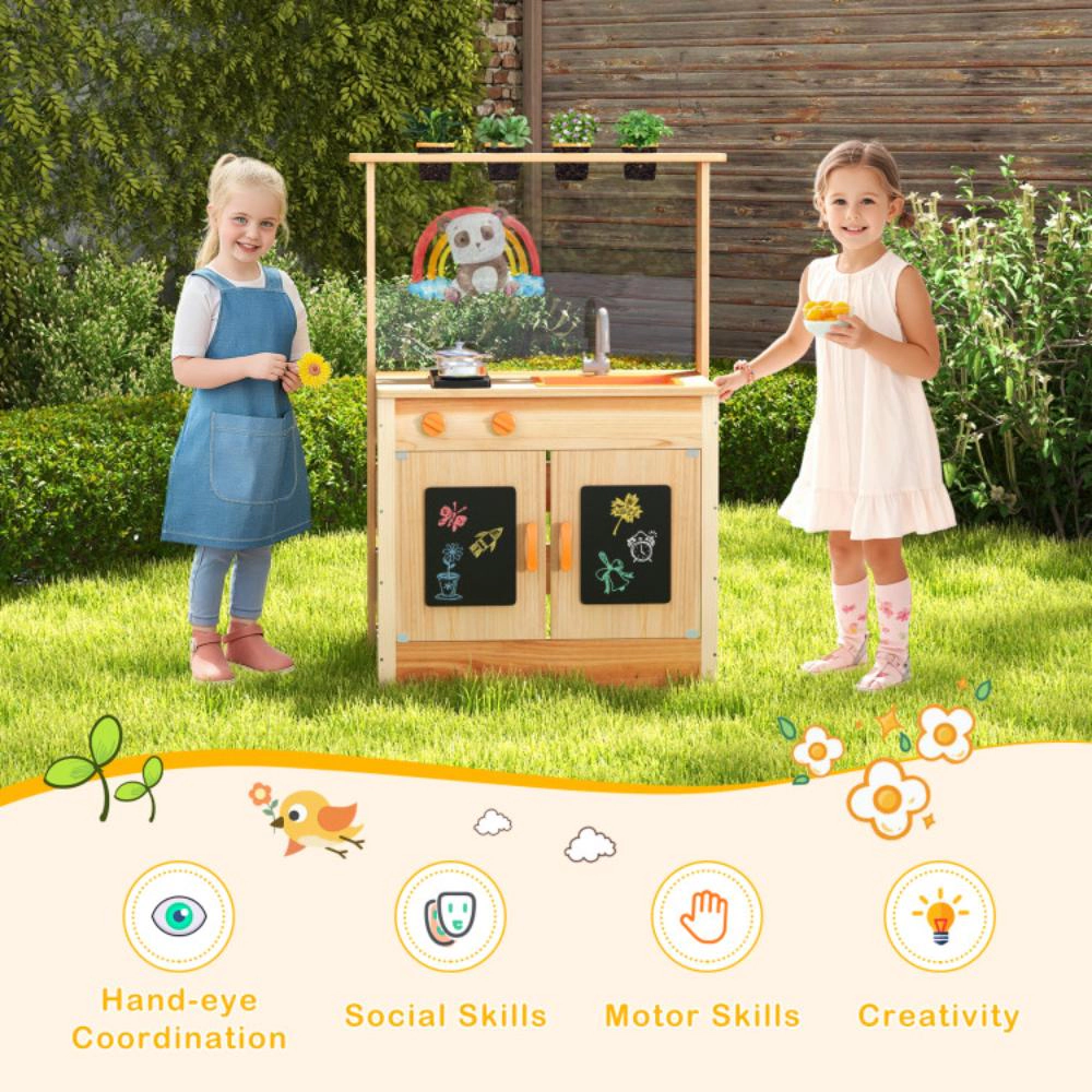 Hivvago Kids Mud Kitchen Fir Wood Playset with Planting Pots and Blackboards-Natural