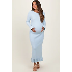 light blue ribbed knit bow back maternity maxi dress Lita | Powder BLUE Twisted Asymmetric Maternity Maxi Dress