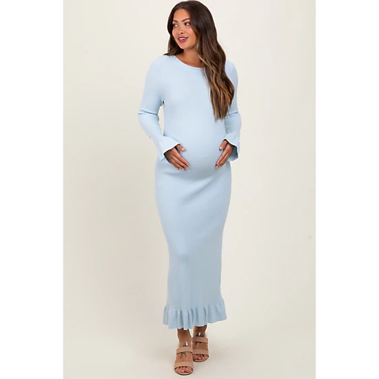 PinkBlush Womens Light Blue Ribbed Knit Bow Back Maternity Maxi Dress