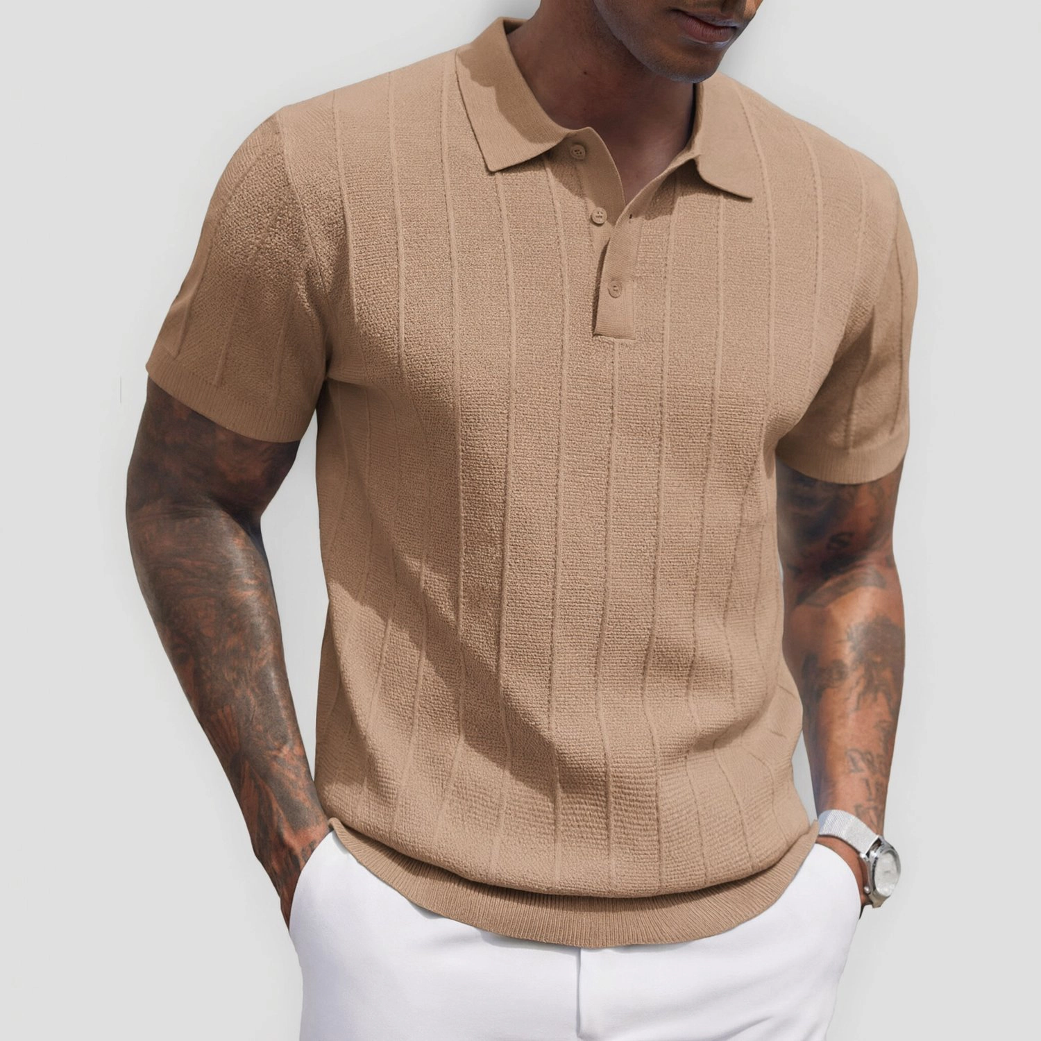 COOFANDY Mens Short Sleeve Polo Shirts  Ribbed Knit Button Collar Casual Tops