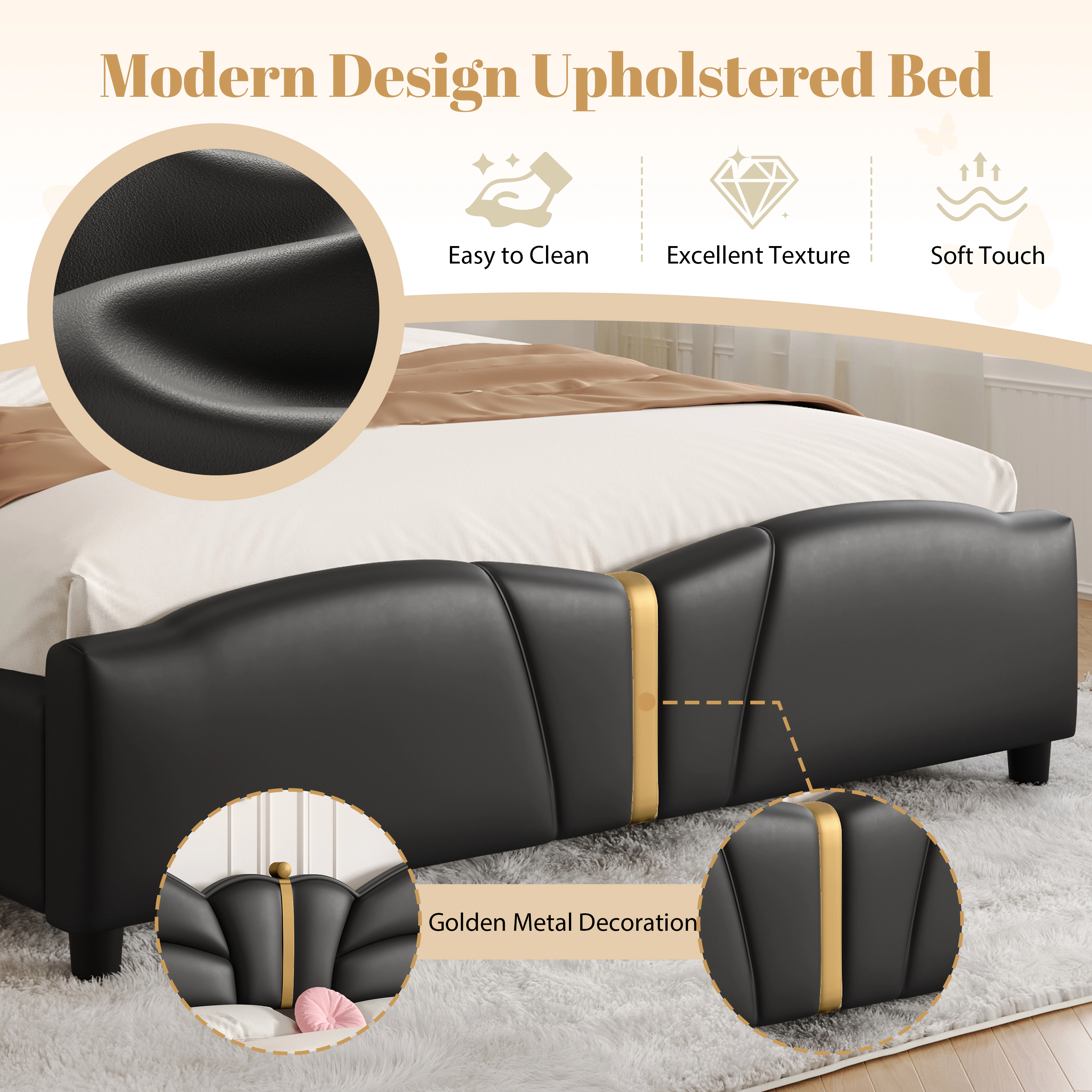 Flynama Full PU Leather Bed with Butterfly Headboard & Gold Decor, Black