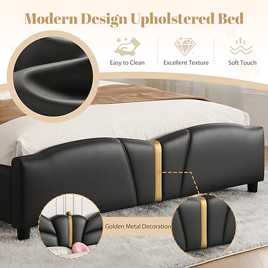 Flynama Full PU Leather Bed with Butterfly Headboard & Gold Decor, Black