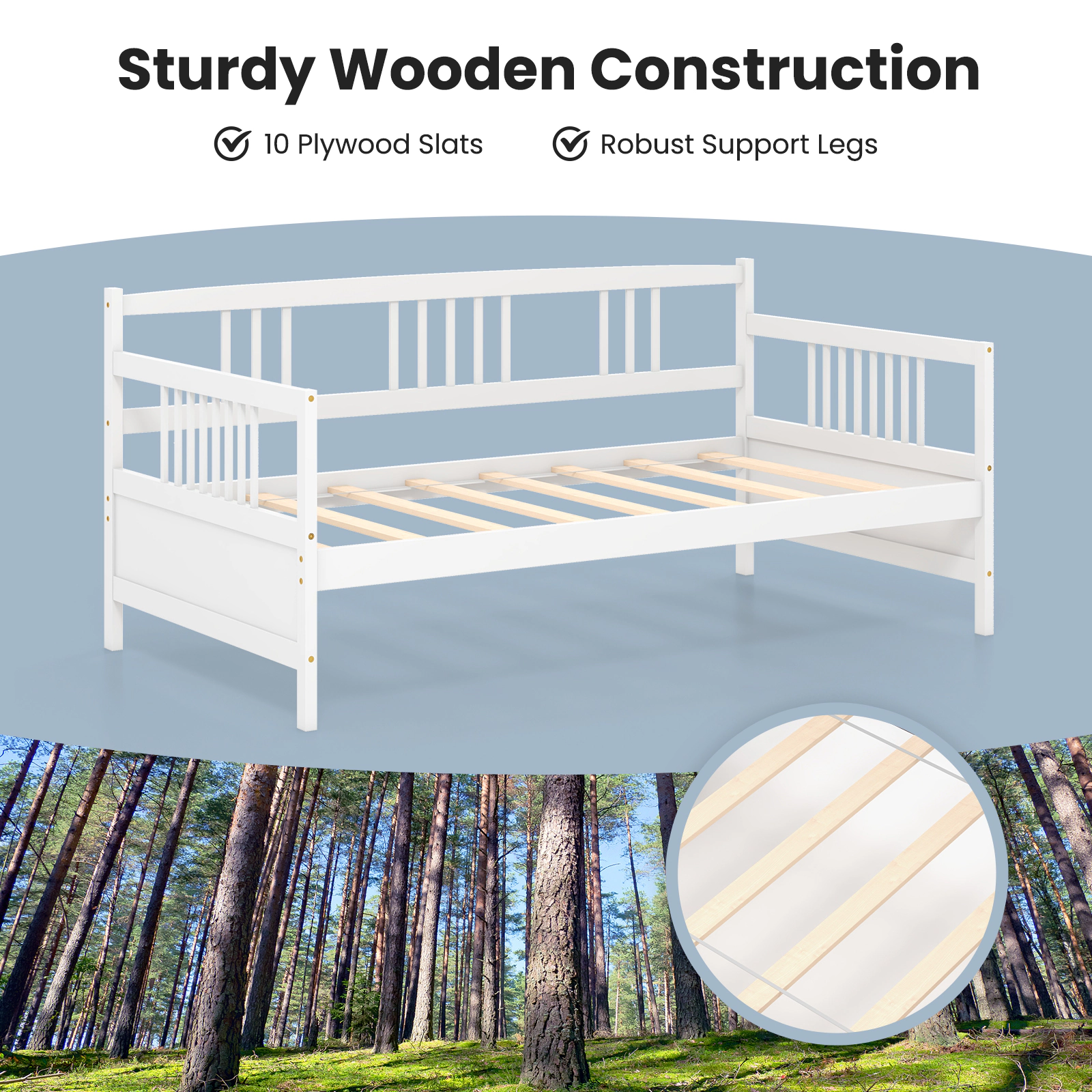 SUGIFT Twin Wooden Daybed Frame, White, 3 Rails, 10 Slats, No Box Spring Required