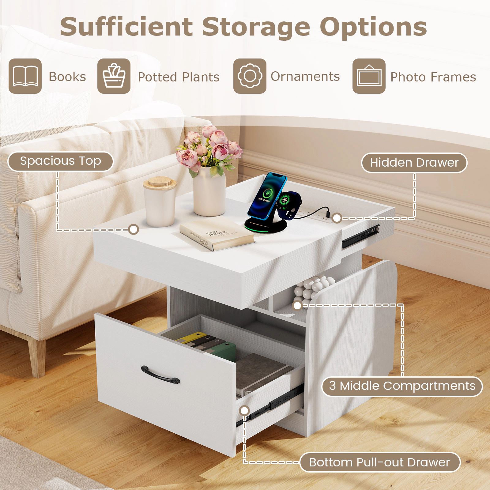 SUGIFT Nightstand with Charging Station Sliding Top Storage 66-lb Tabletop Capacity 3-Compartment Bedside Table White