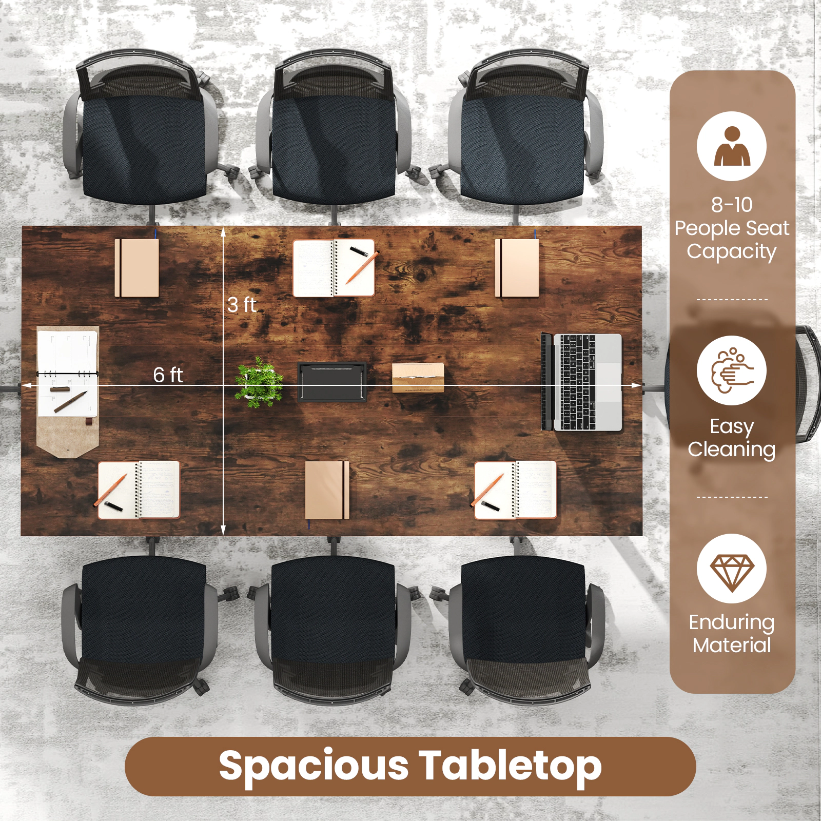 SUGIFT 6 Ft Rectangle Conference Room Desk Table with Cable Hole 265-Lb Capacity Seats 8-10 People Rustic Brown + Black