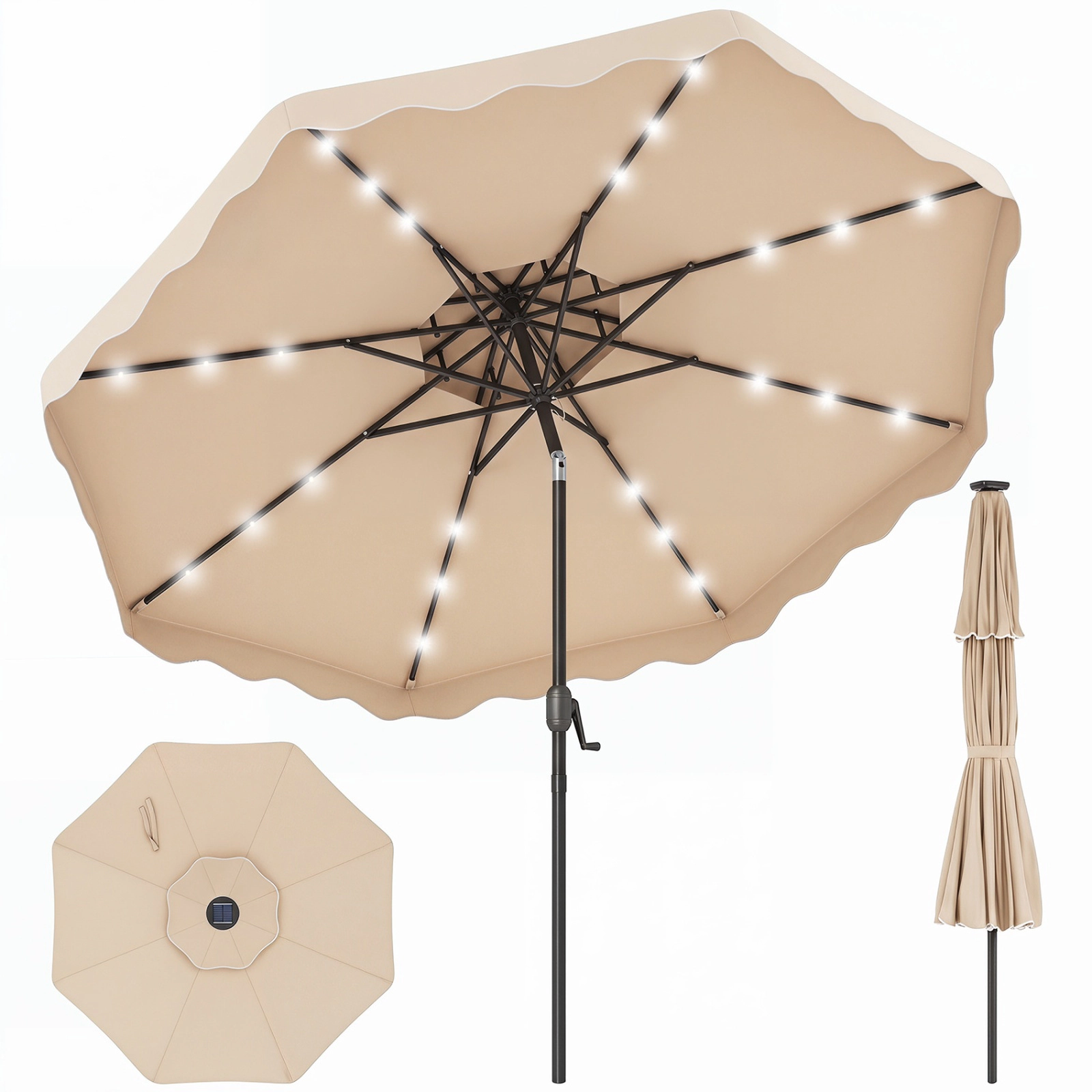 SUGIFT 9-ft Beige Solar Patio Umbrella with 24 LED Lights, Crank Lift and Push-Button Tilt