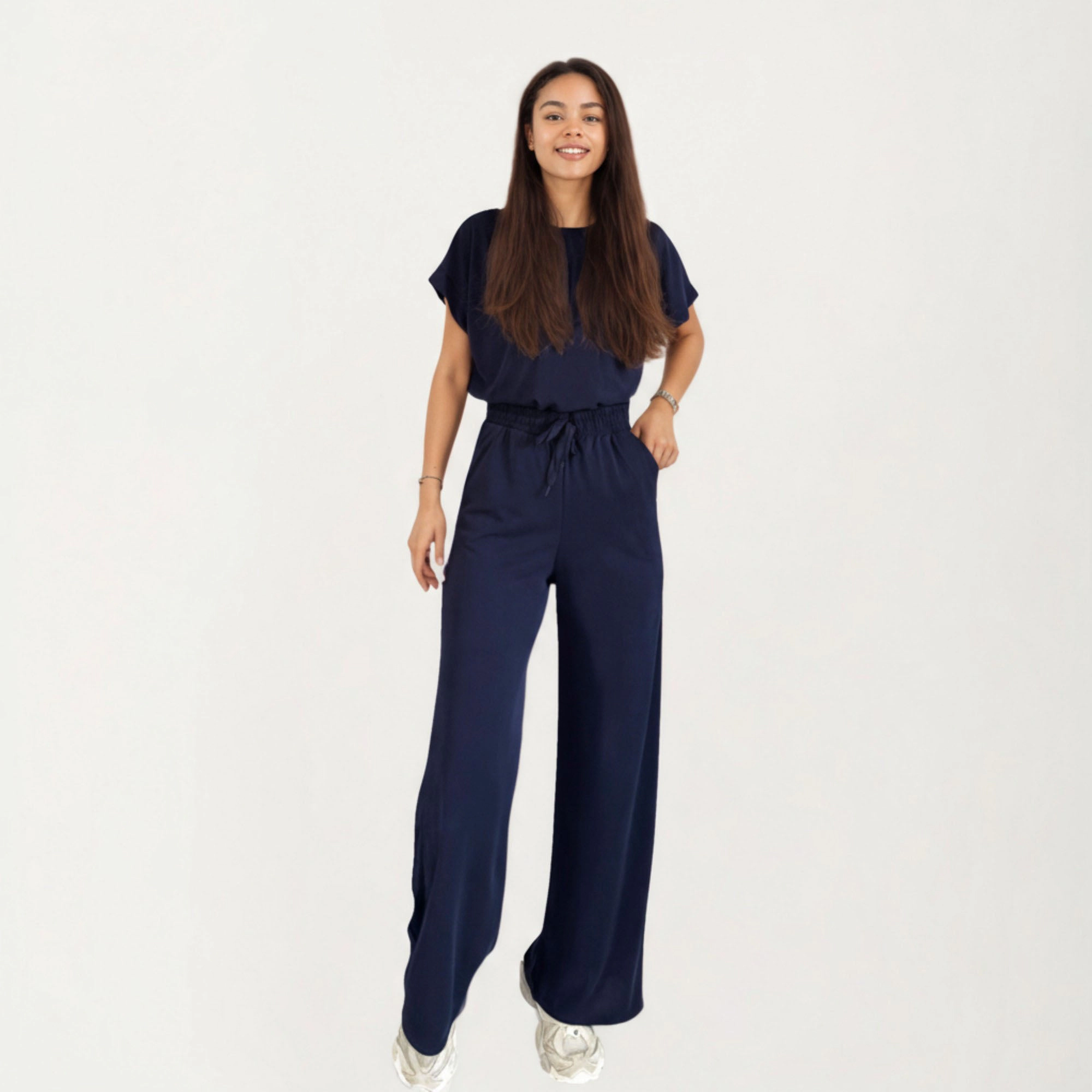 Anna-Kaci Womens Short Sleeve Two-Piece Lounge Set - Wide Leg Drawstring Pants